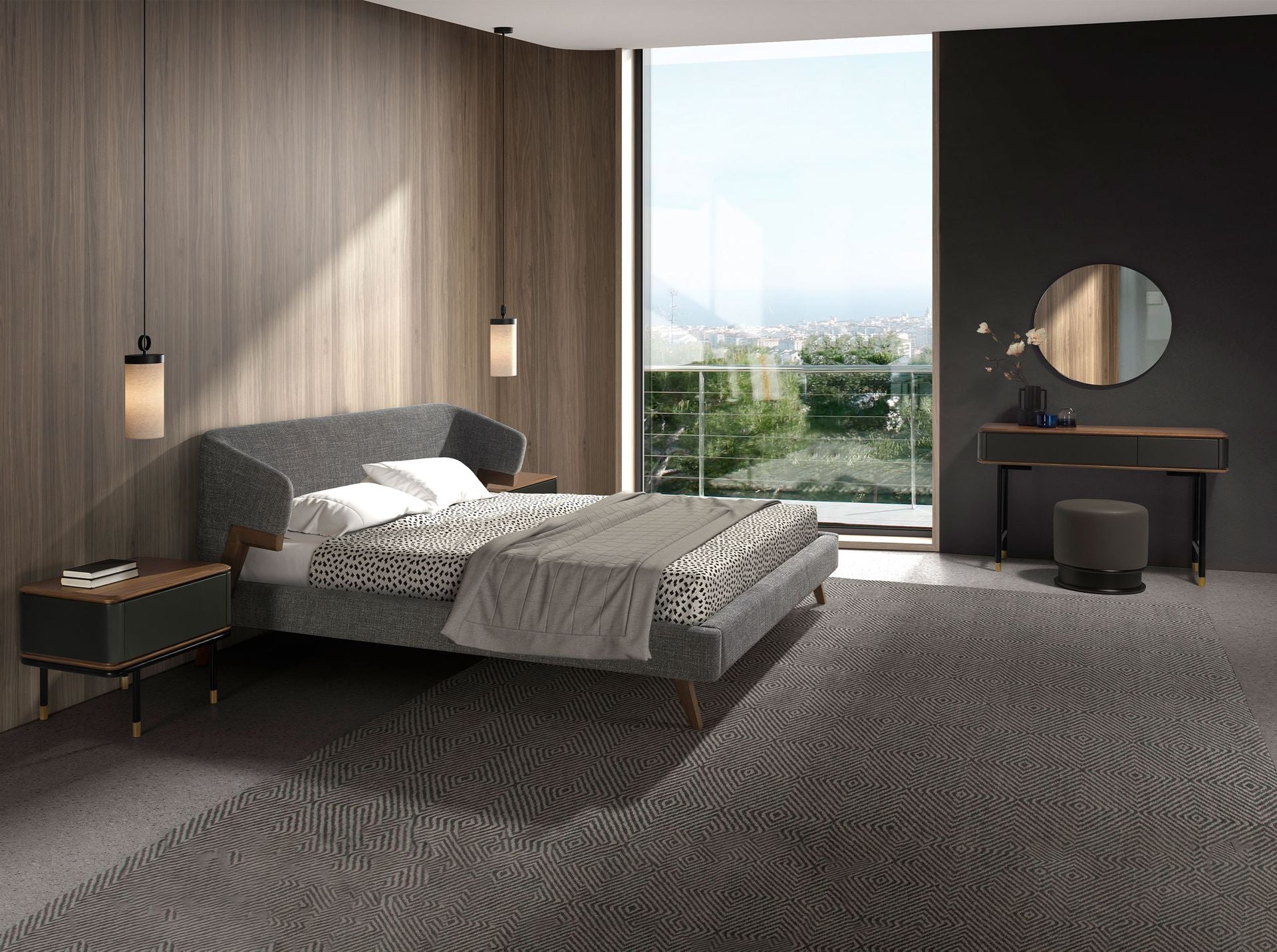 Comodino in legno grigio scuro opaco, acciaio nero e piano in noce
