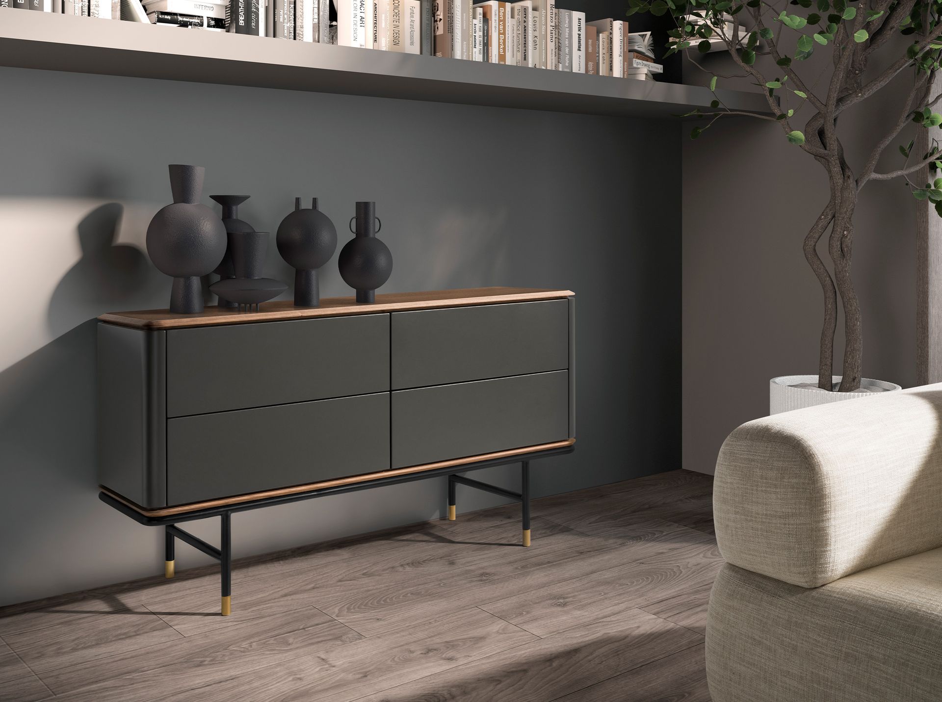 Cassettiera in legno grigio scuro opaco, acciaio nero e piano in noce