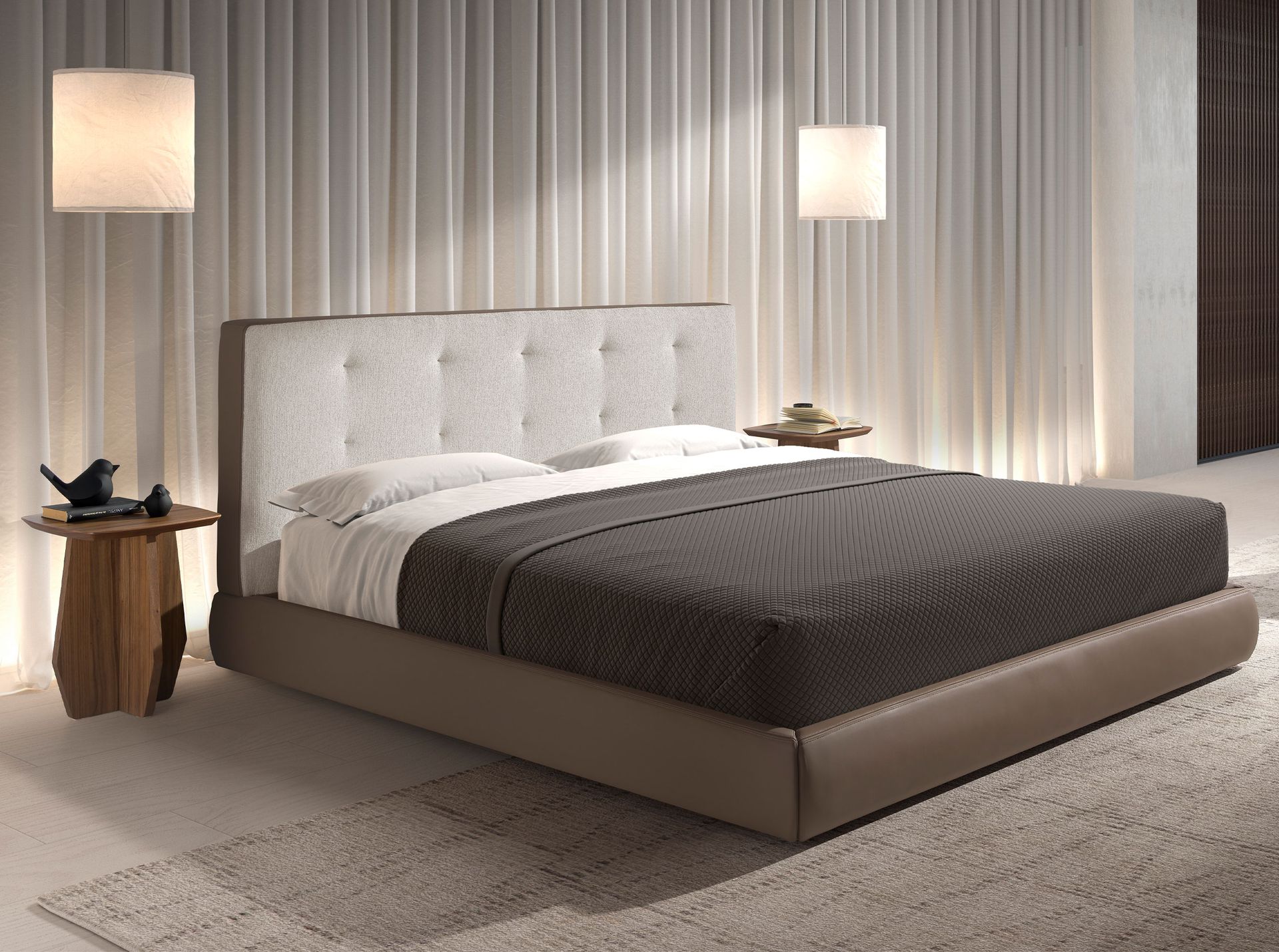 Letto imbottito in tessuto marrone ed ecopelle marrone