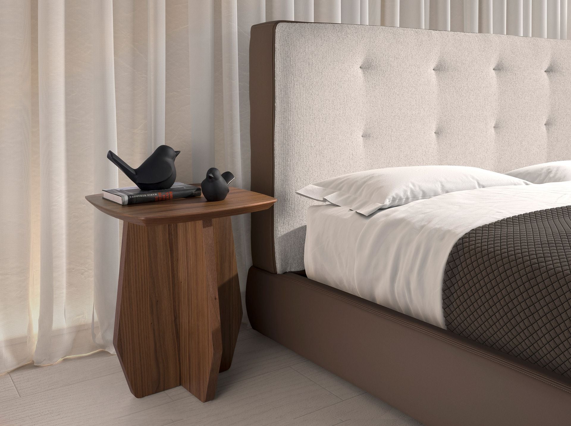 Letto imbottito in tessuto marrone ed ecopelle marrone