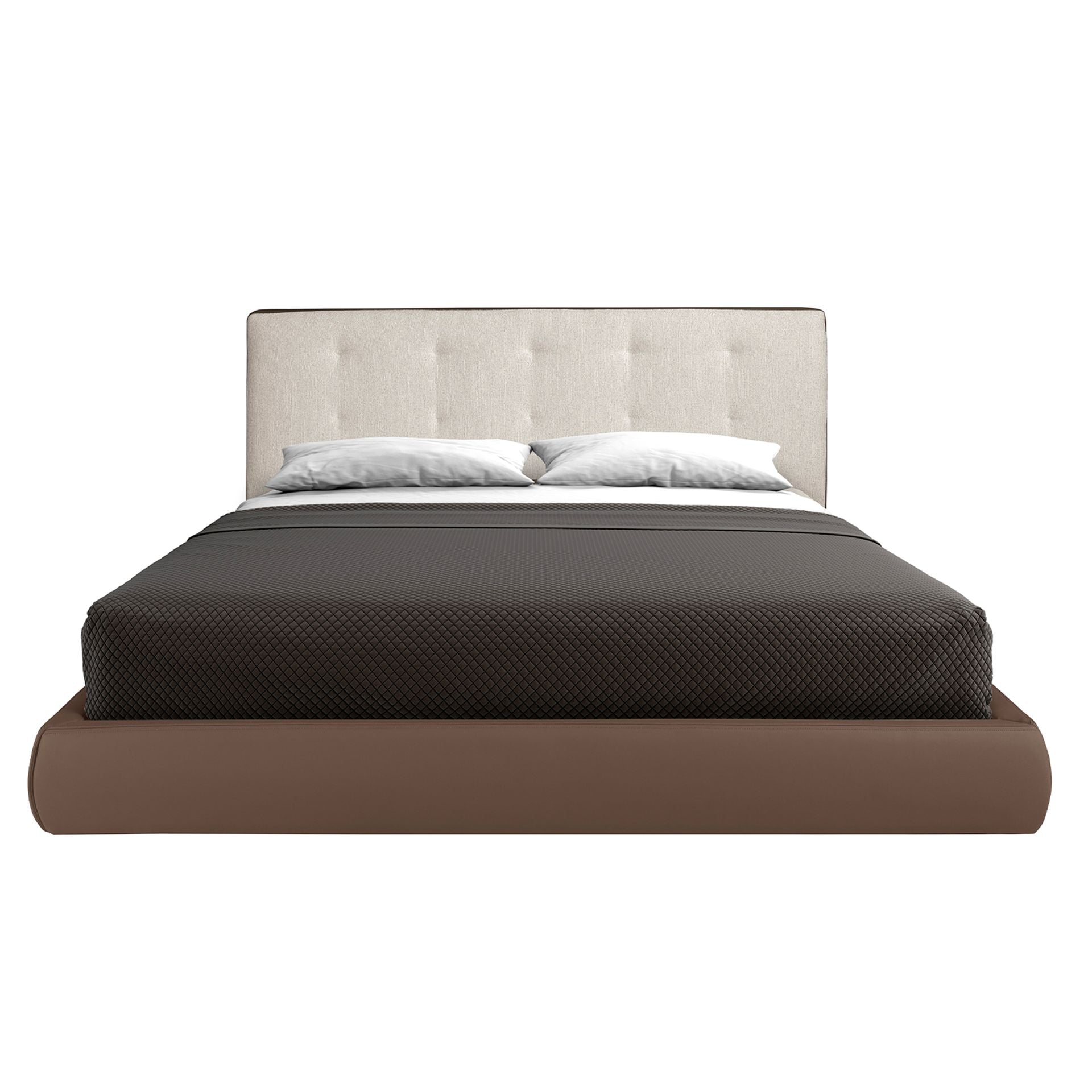 Letto imbottito in tessuto marrone ed ecopelle marrone
