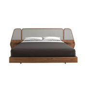 Letto in noce e tessuto grigio