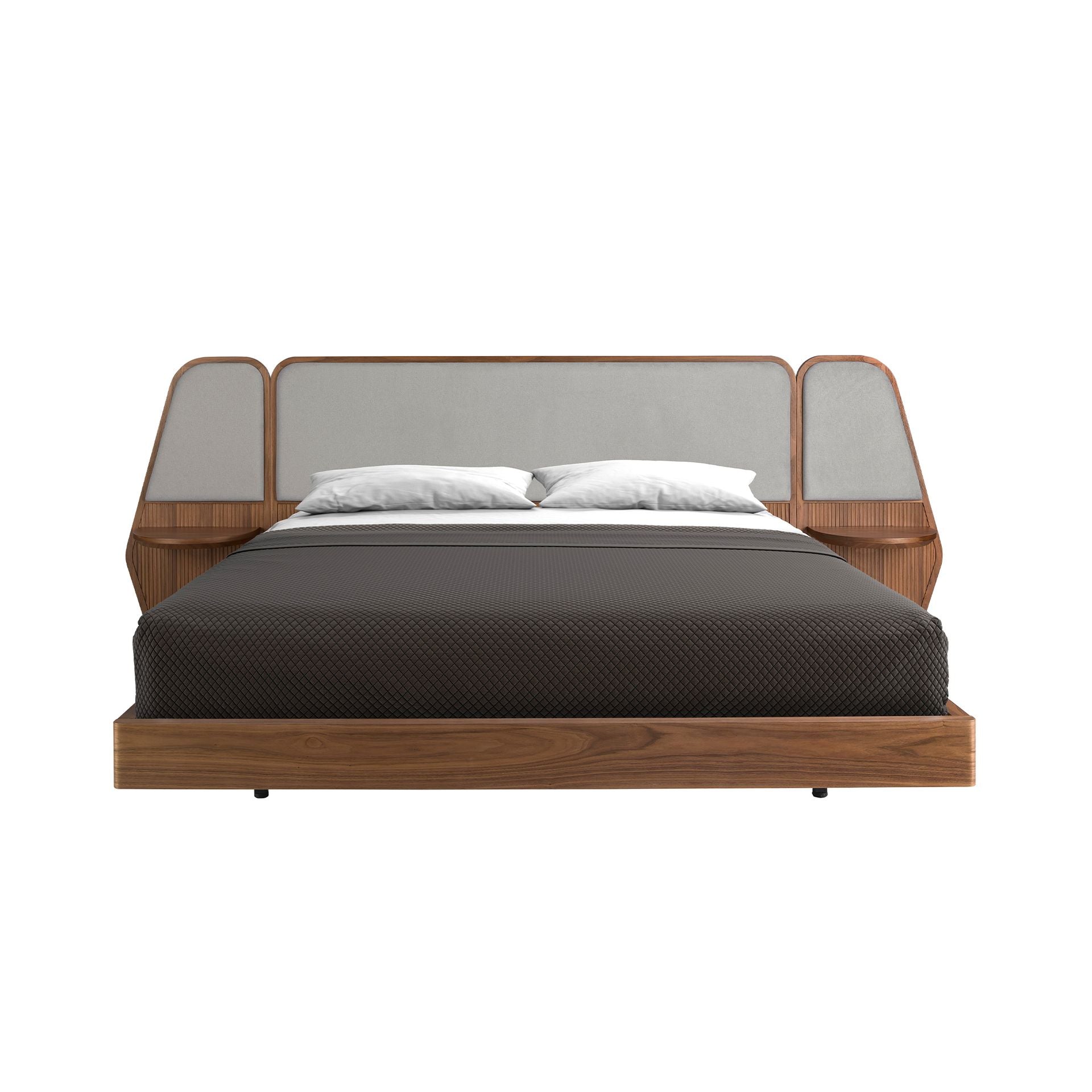 Letto in noce e tessuto grigio