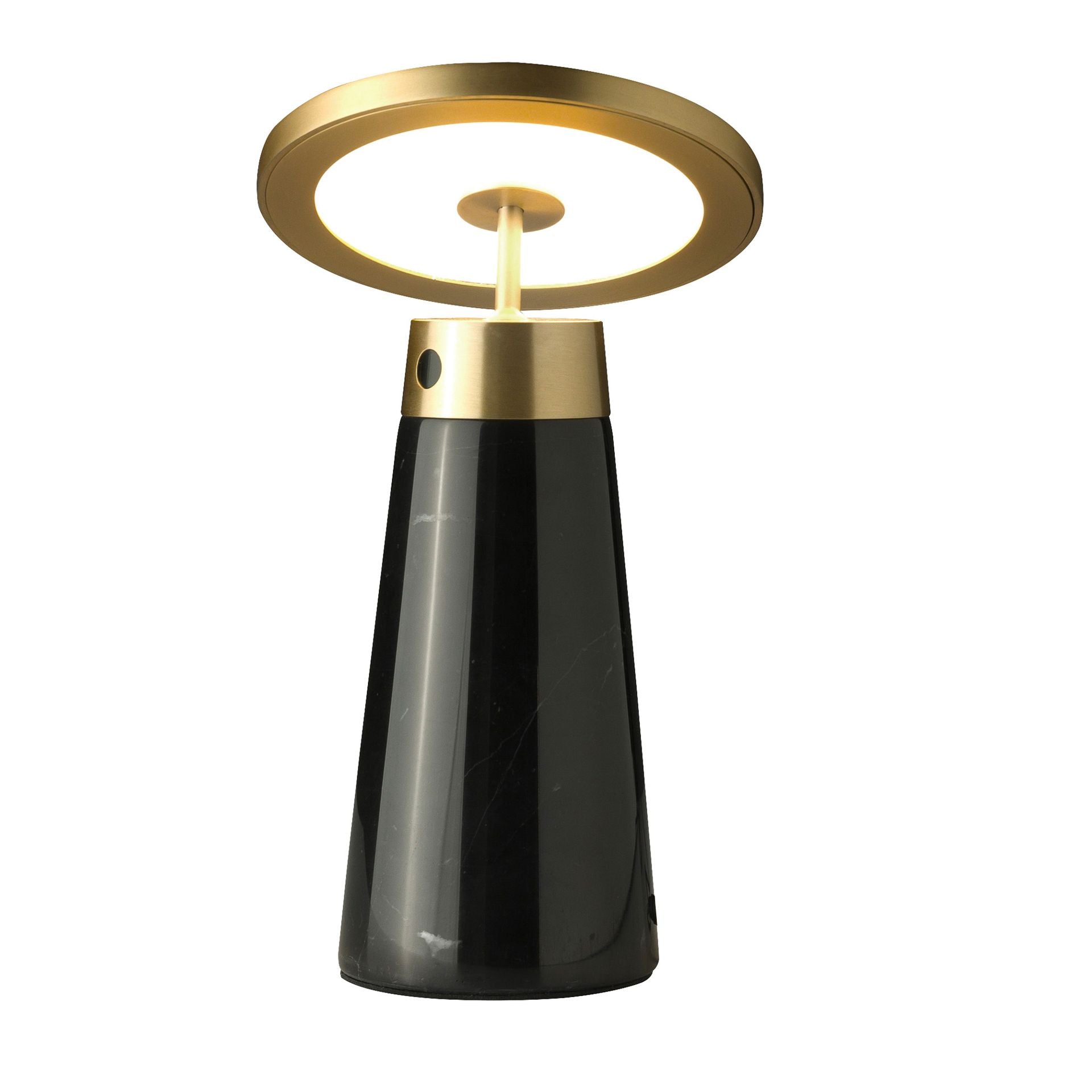 Lampada da tavolo in marmo nero e acciaio dorato