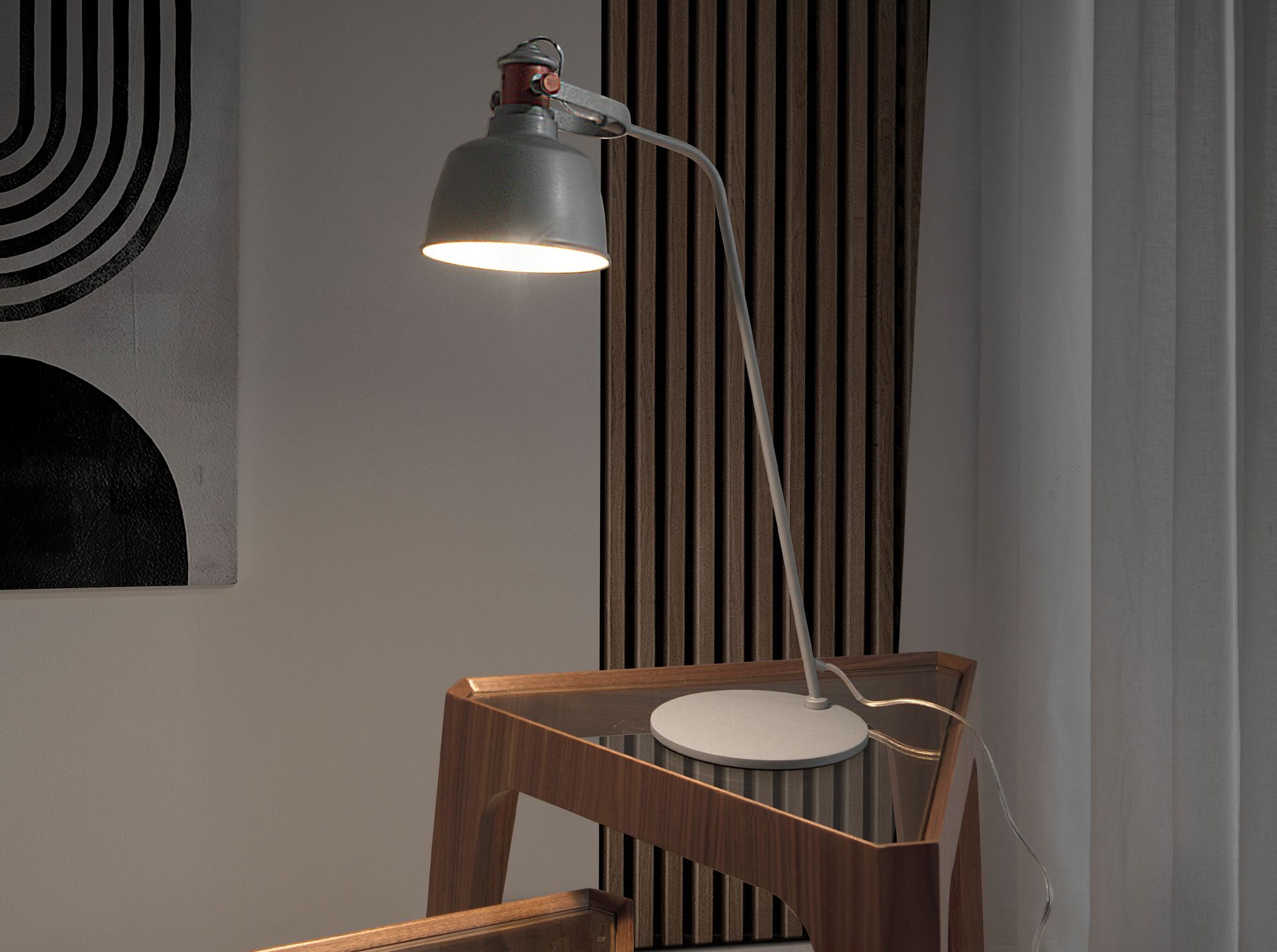 Lampada da tavolo in acciaio grigio e dettagli in bronzo