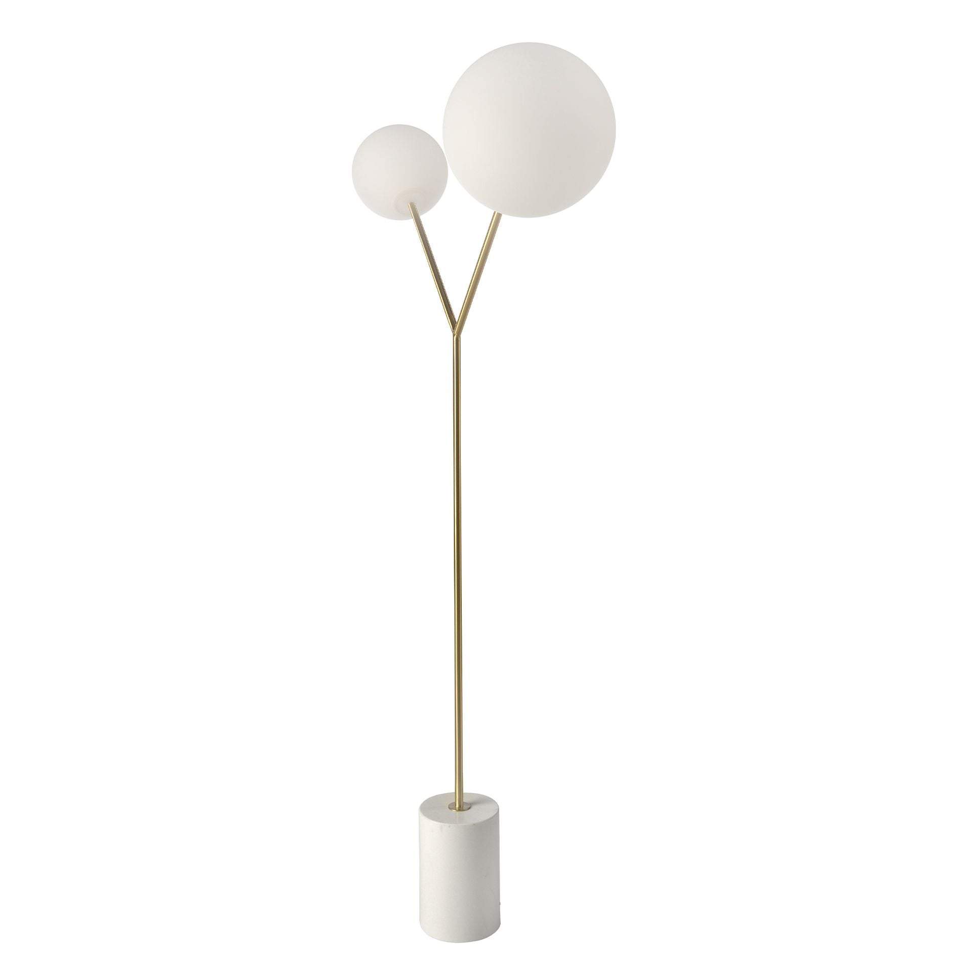 Lampada da terra in marmo bianco, acciaio dorato e vetro bianco