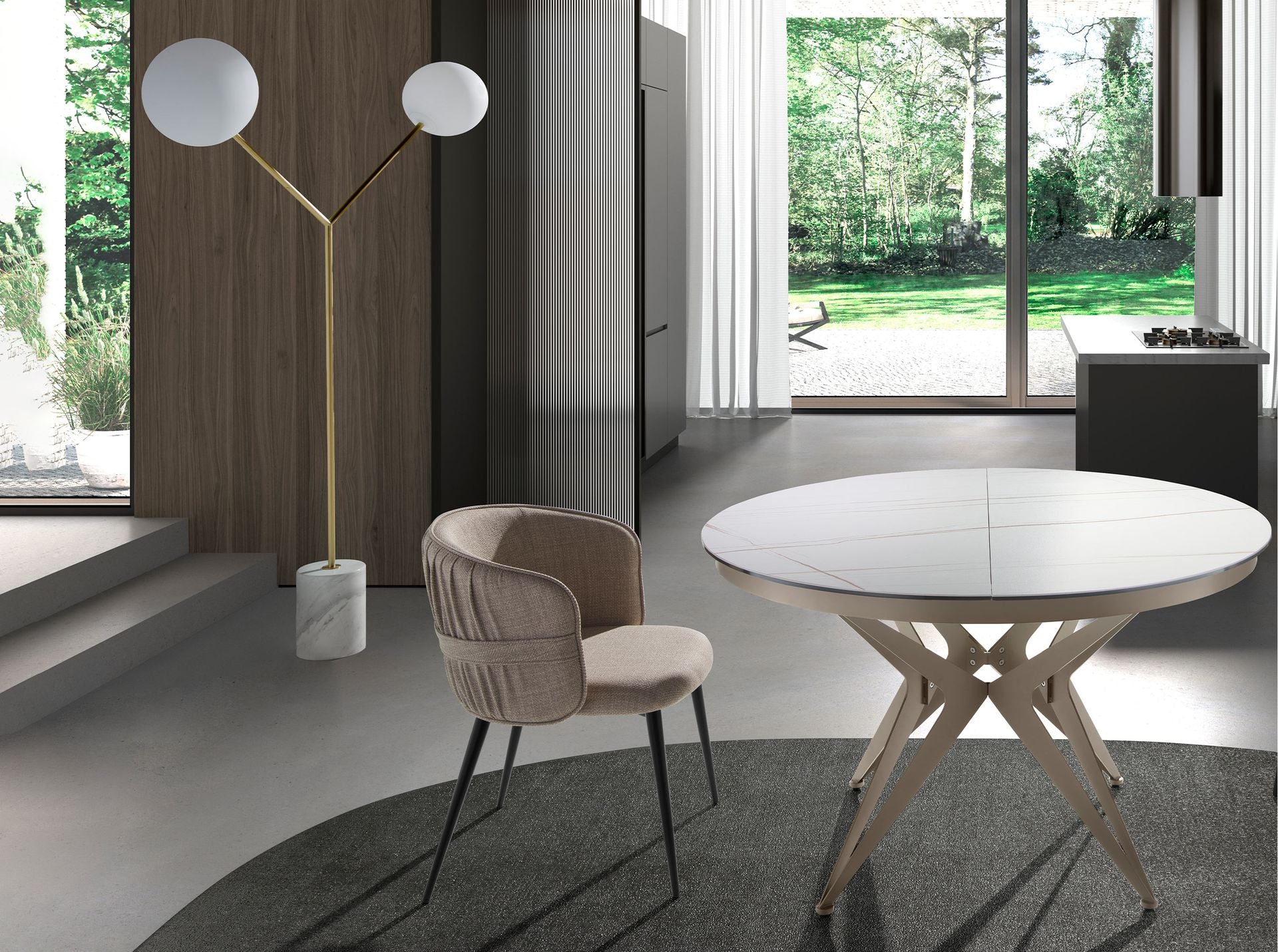 Lampada da terra in marmo bianco, acciaio dorato e vetro bianco