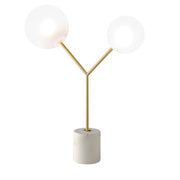 Lampada da tavolo in marmo bianco, acciaio dorato e vetro bianco