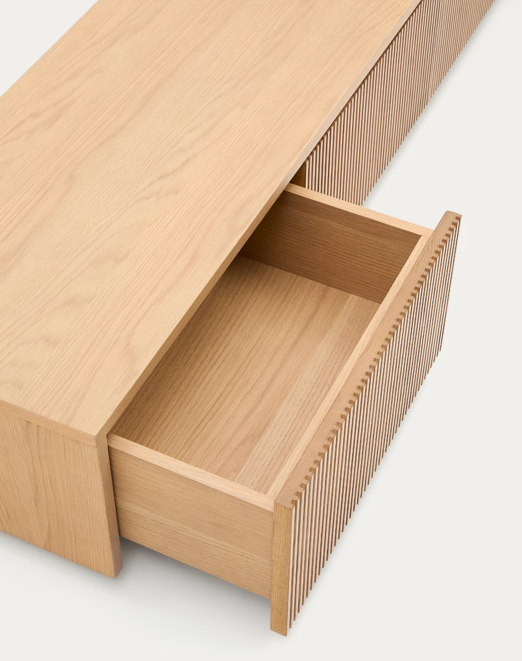 Meuble TV Helvine 4 tiroirs plaqué chêne 200 x 40 cm FSC 100%