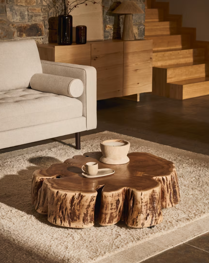 Tavolino da salotto con ruote Essi in legno massiccio di acacia Ø 90 x 60 cm
