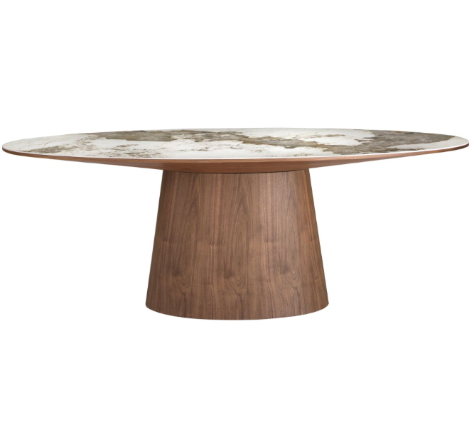 Tavolo da pranzo ovale in marmo porcellanato e noce 220 x 112 cm