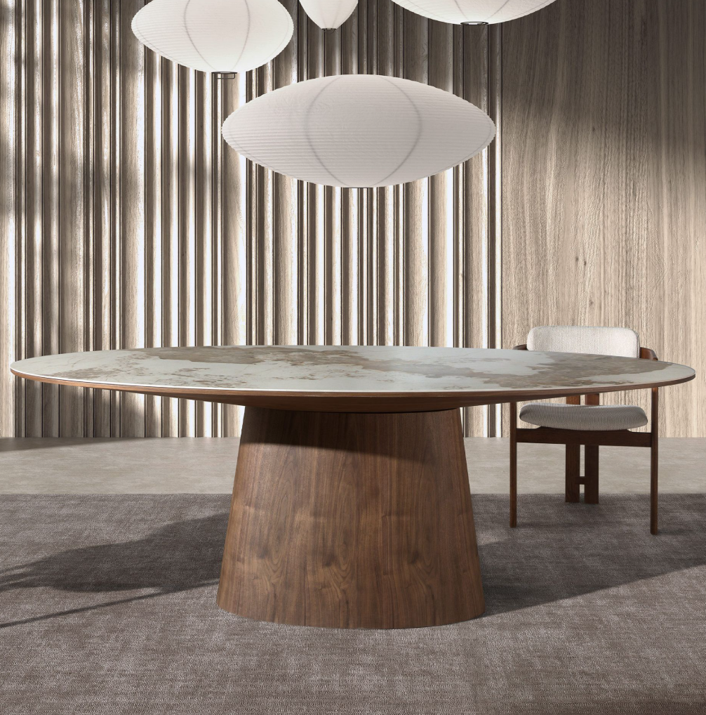 Tavolo da pranzo ovale in marmo porcellanato e noce 220 x 112 cm