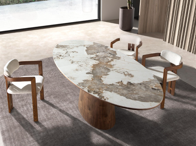 Tavolo da pranzo ovale in marmo porcellanato e noce 220 x 112 cm