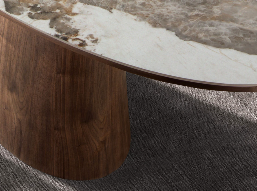 Tavolo da pranzo ovale in marmo porcellanato e noce 220 x 112 cm