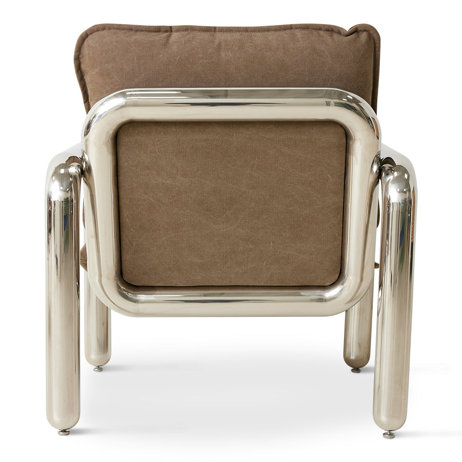 Poltrona lounge cromata, tela marrone