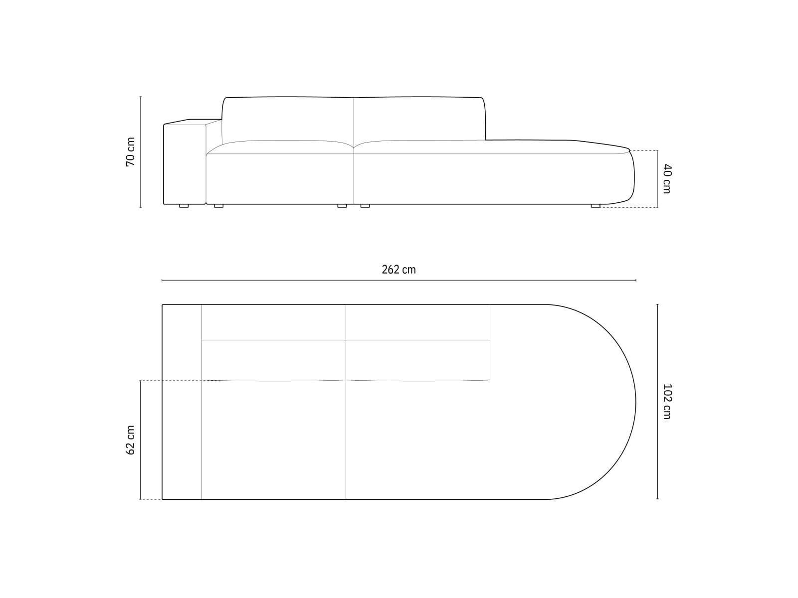 Divano, "Jodie", 3 Posti, 262x102x70, arrotondato