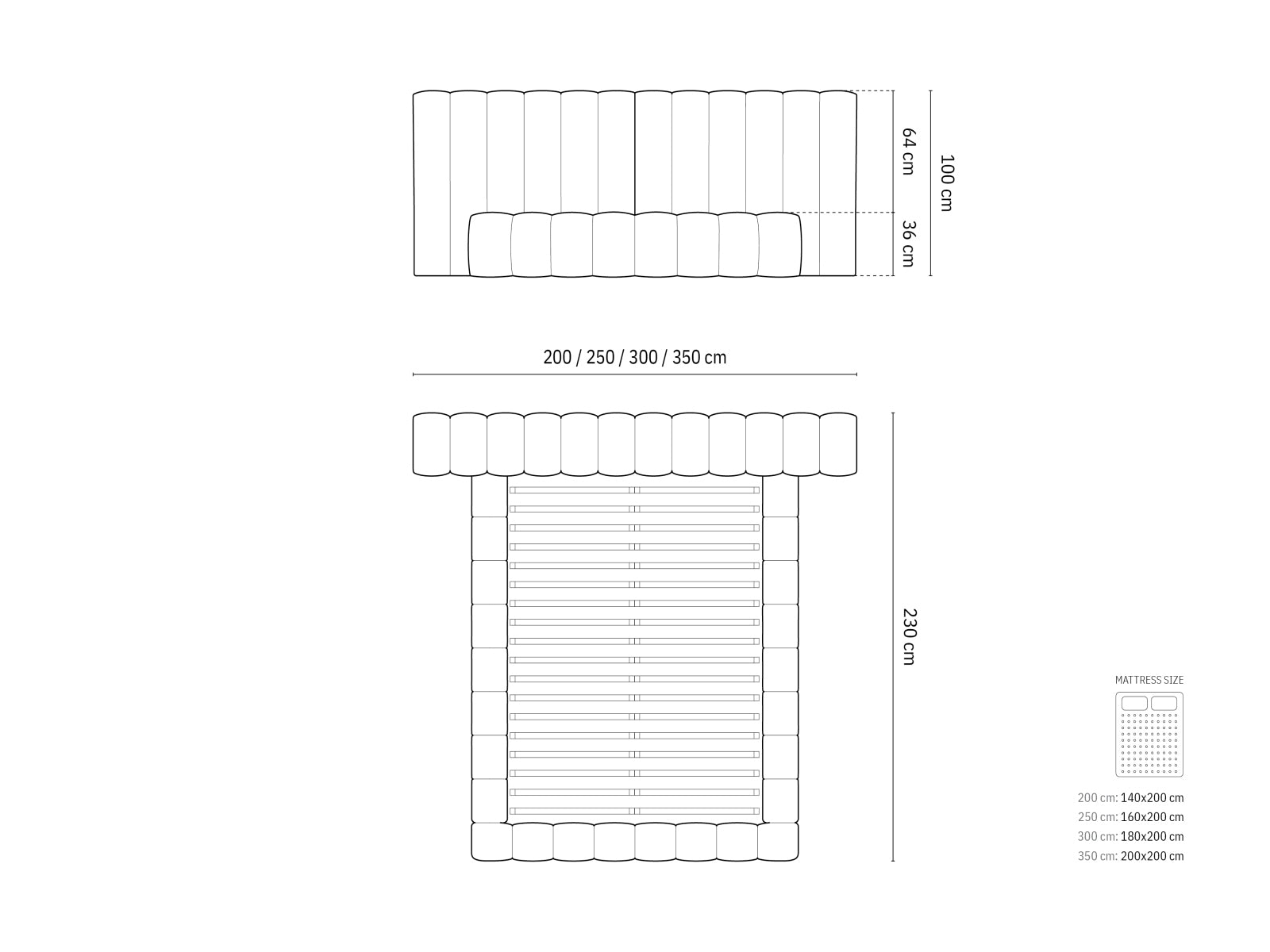 Letto contenitore con testiera doppia, "Kelp", 230x350x100