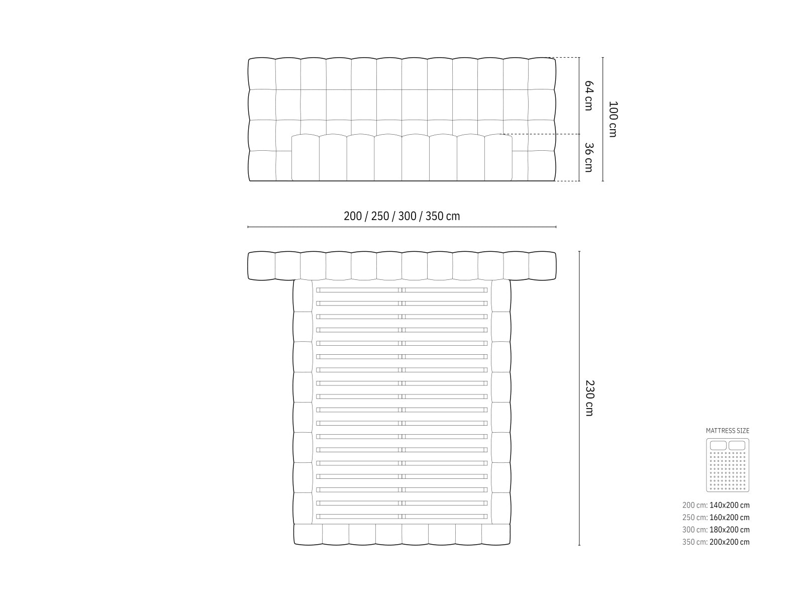 Letto contenitore con testiera doppia, "Mamaia", 230x350x100