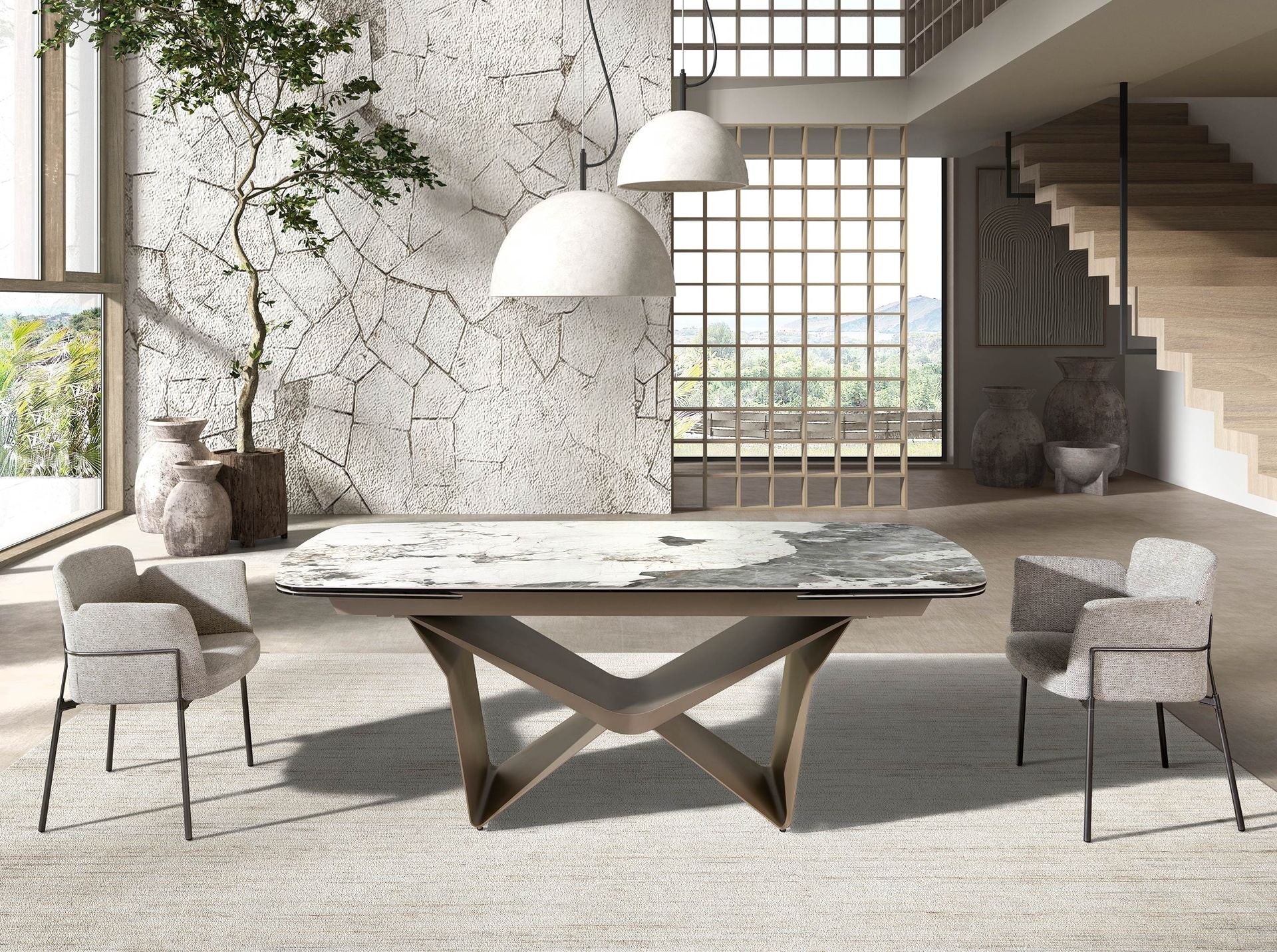 Tavolo da pranzo allungabile ovale a botte in marmo porcellanato e acciaio metallizzato taupe