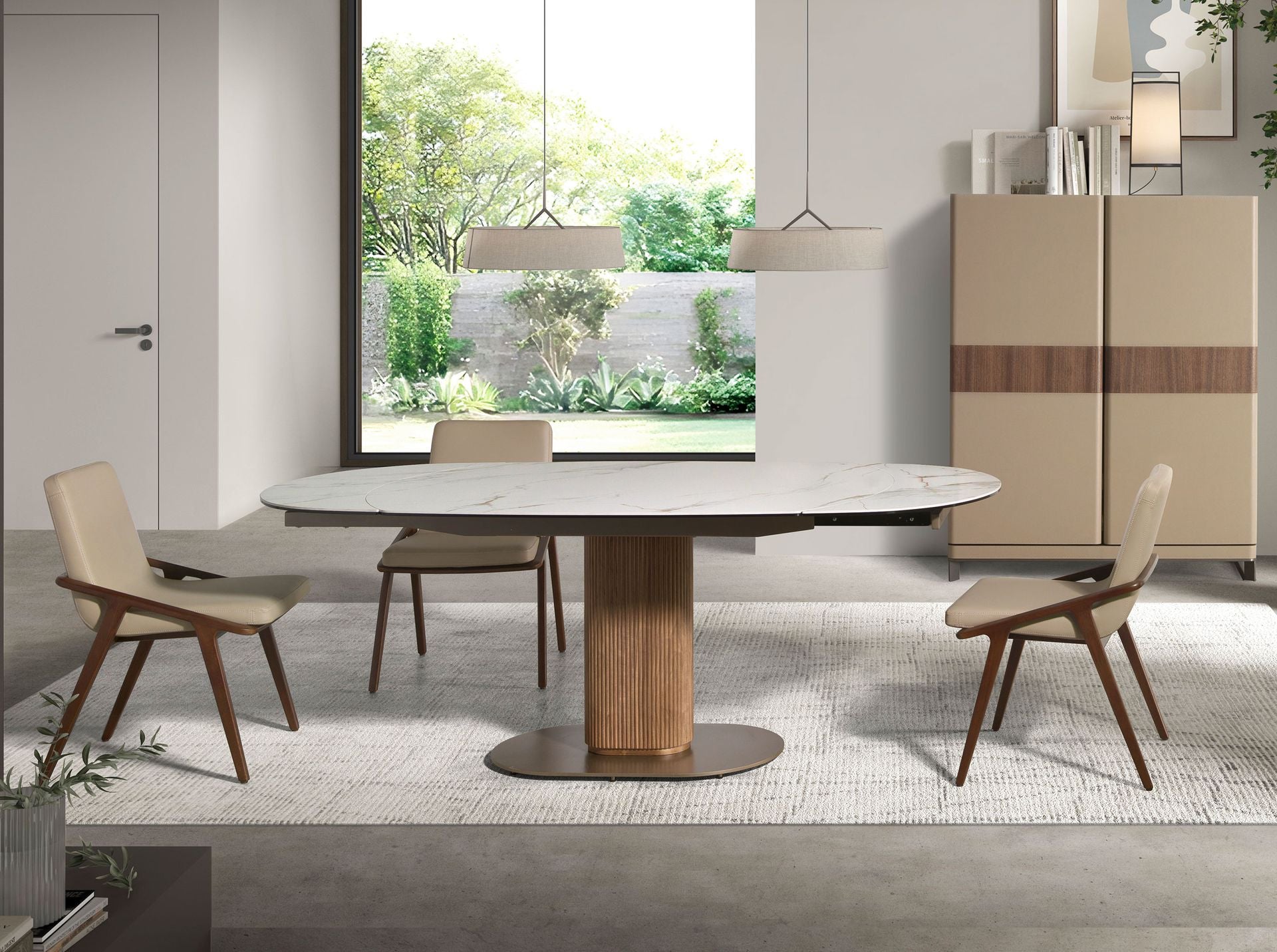 Tavolo da pranzo ovale allungabile con fusto in marmo porcellanato e noce