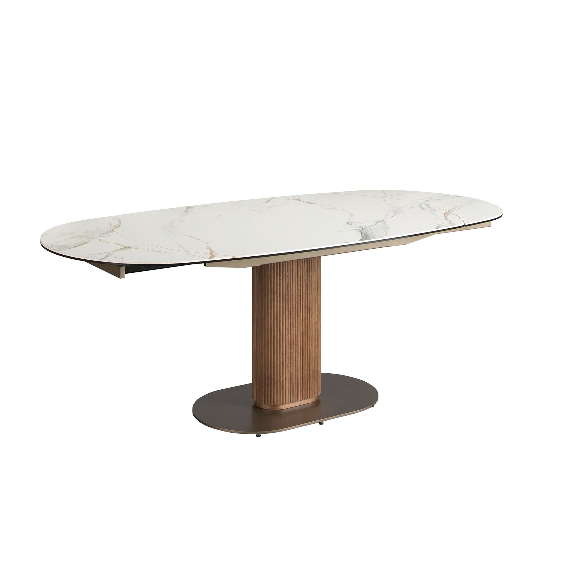 Tavolo da pranzo ovale allungabile con fusto in marmo porcellanato e noce