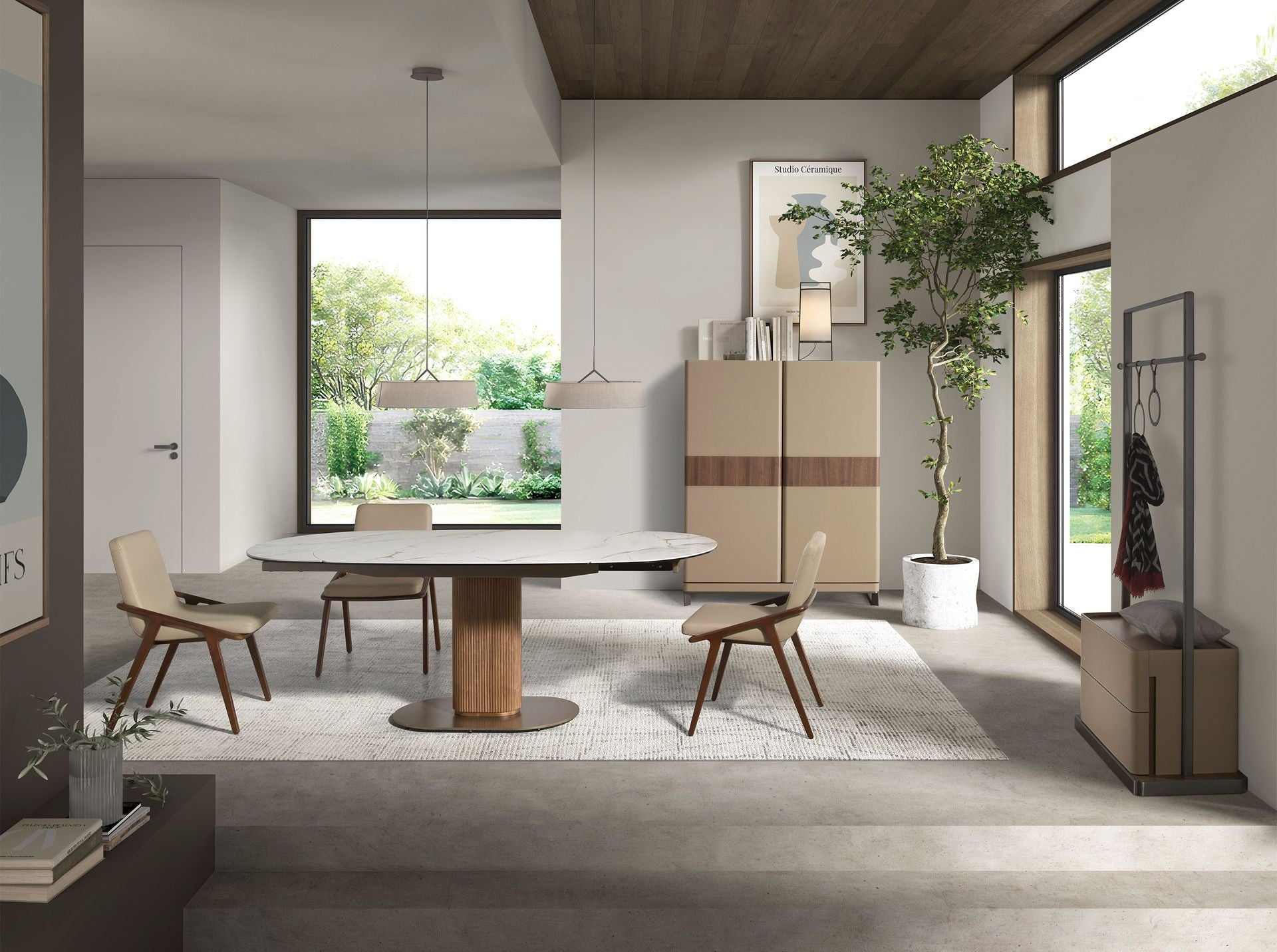 Tavolo da pranzo ovale allungabile con fusto in marmo porcellanato e noce