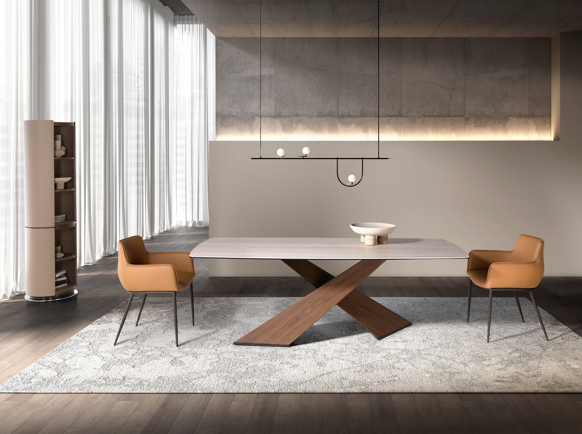 Tavolo da pranzo ovale con base a botte in marmo porcellanato e noce