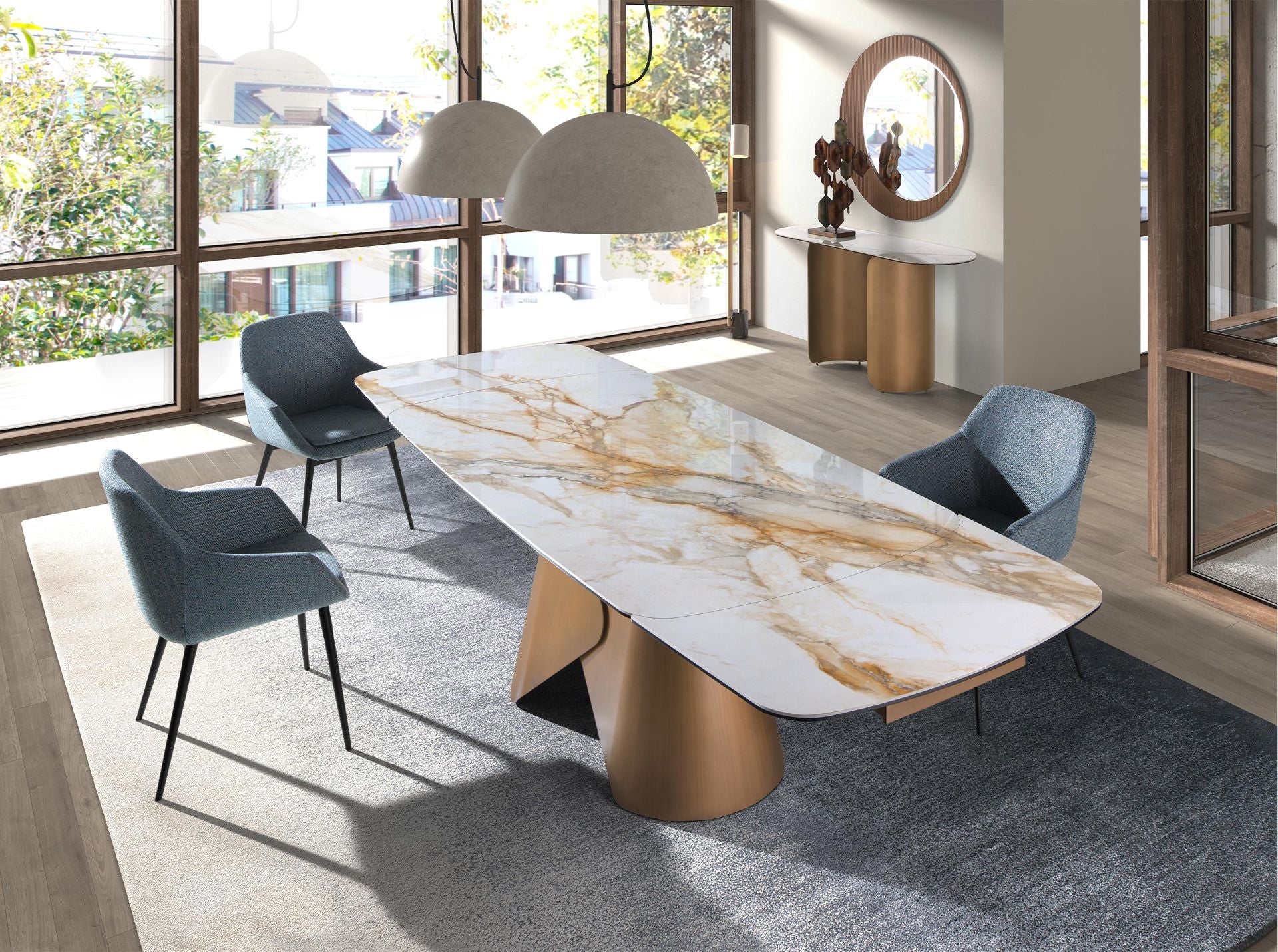 Tavolo da pranzo allungabile ovale a botte in marmo porcellanato e struttura in acciaio color bronzo