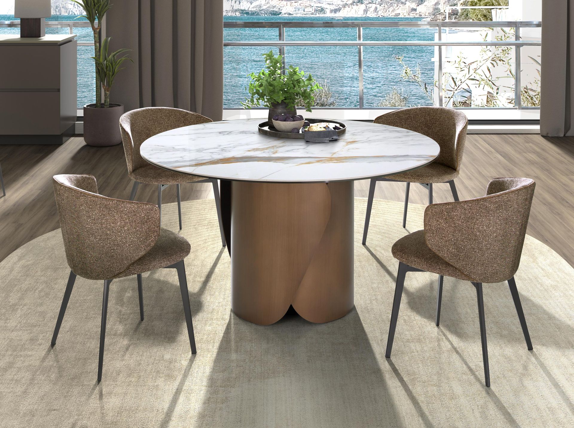 Tavolo da pranzo rotondo in marmo porcellanato e acciaio color bronzo