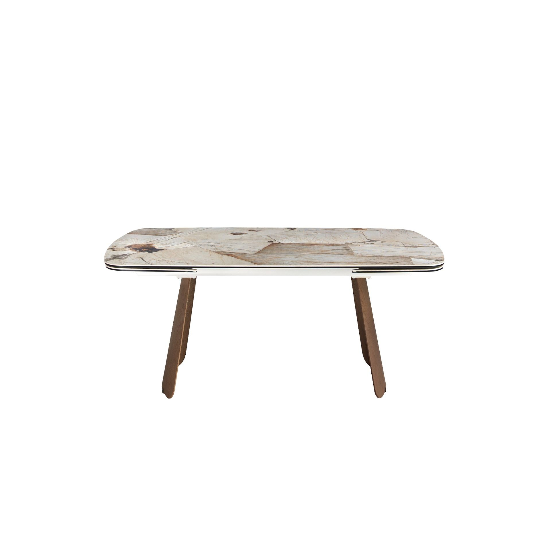 Tavolo da pranzo allungabile ovale a botte in marmo porcellanato e noce