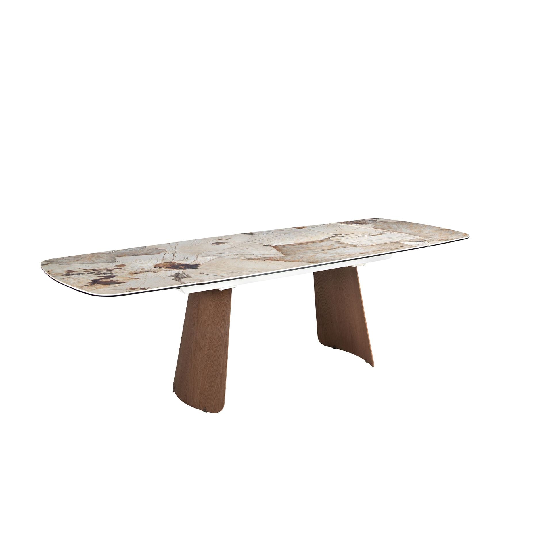 Tavolo da pranzo allungabile ovale a botte in marmo porcellanato e noce