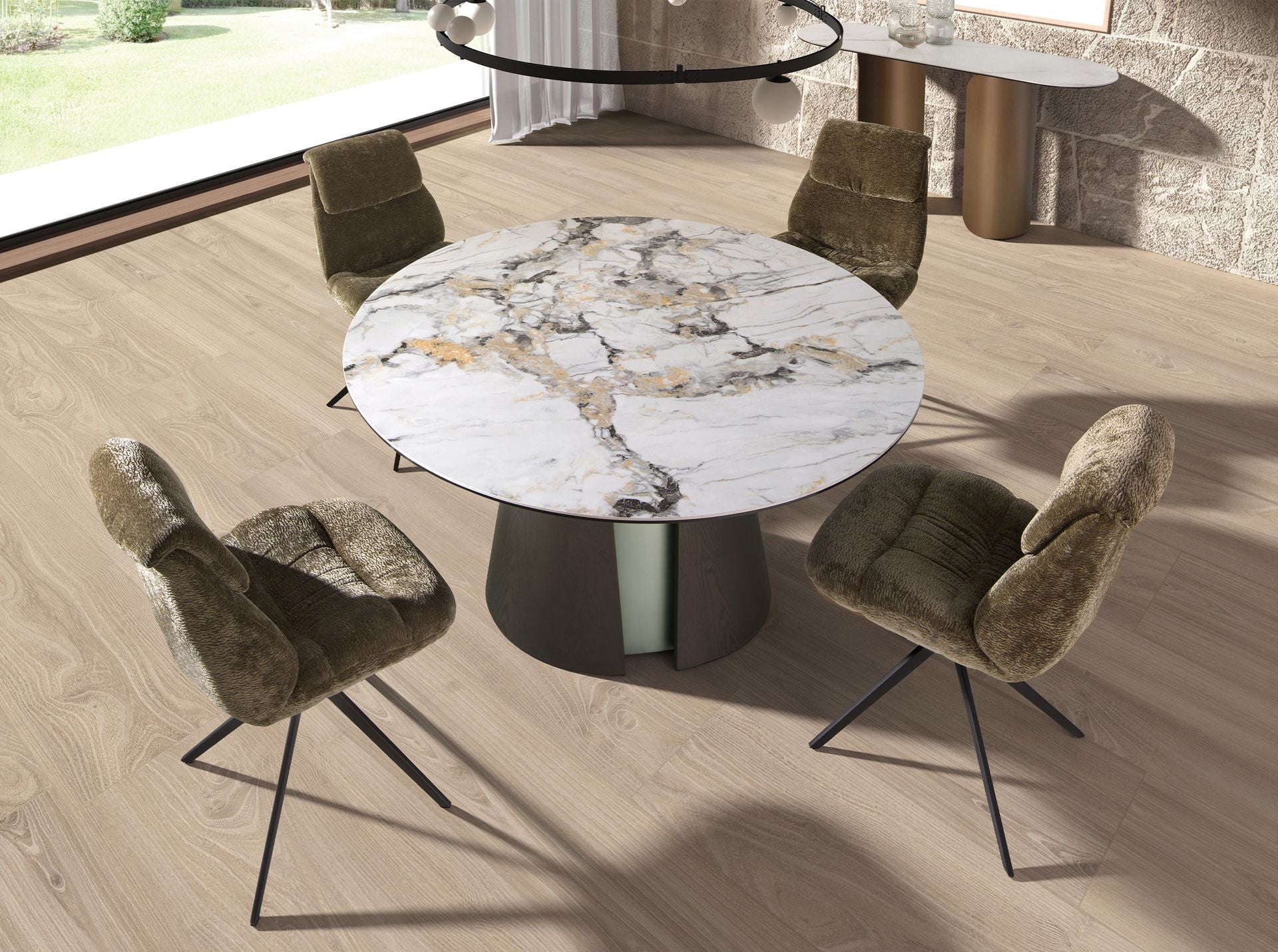 Tavolo da pranzo rotondo in marmo porcellanato, rovere cenere scuro e legno color argento