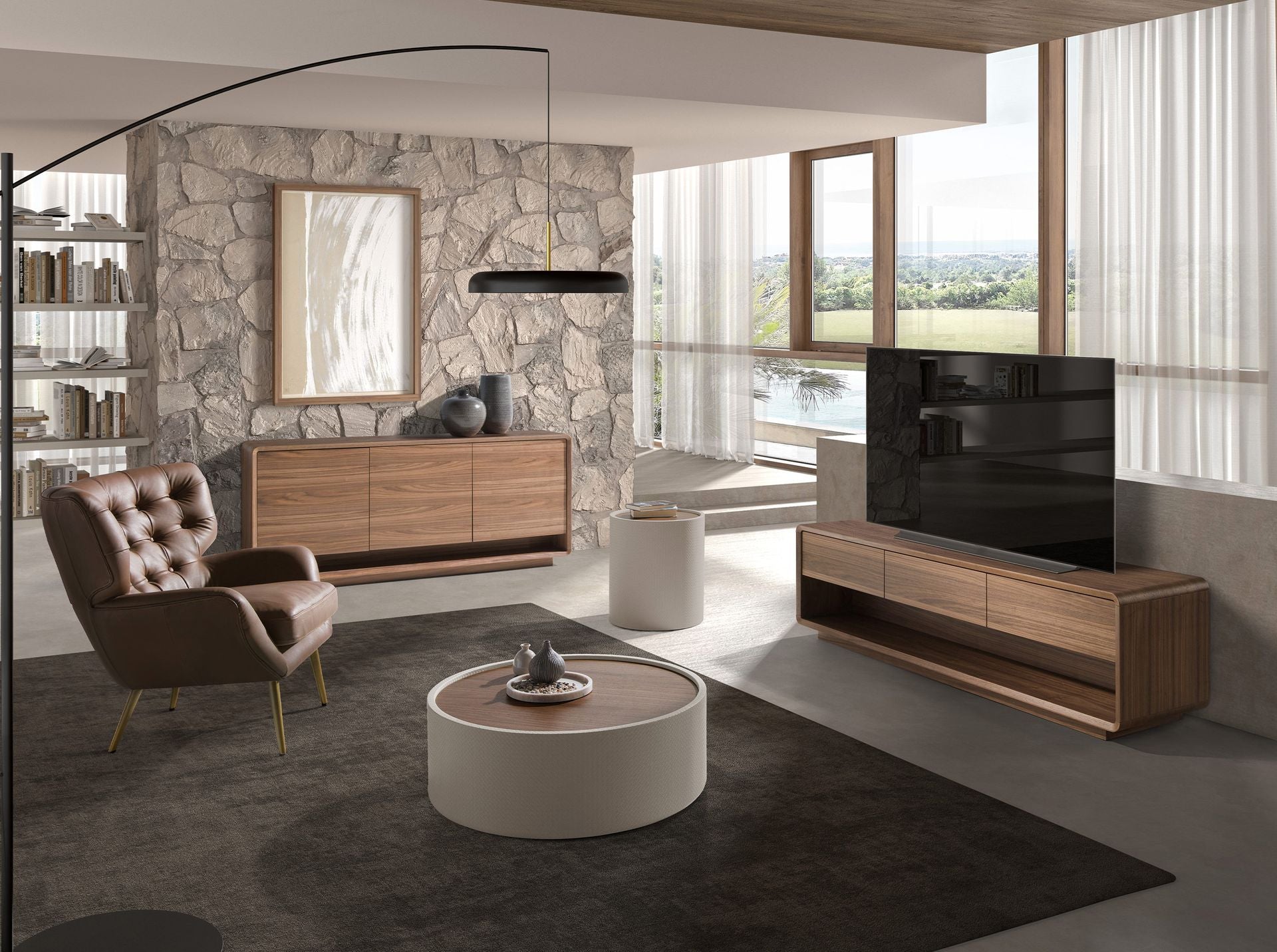 Tavolino da caffè rotondo in noce e legno rivestito in similpelle color sabbia