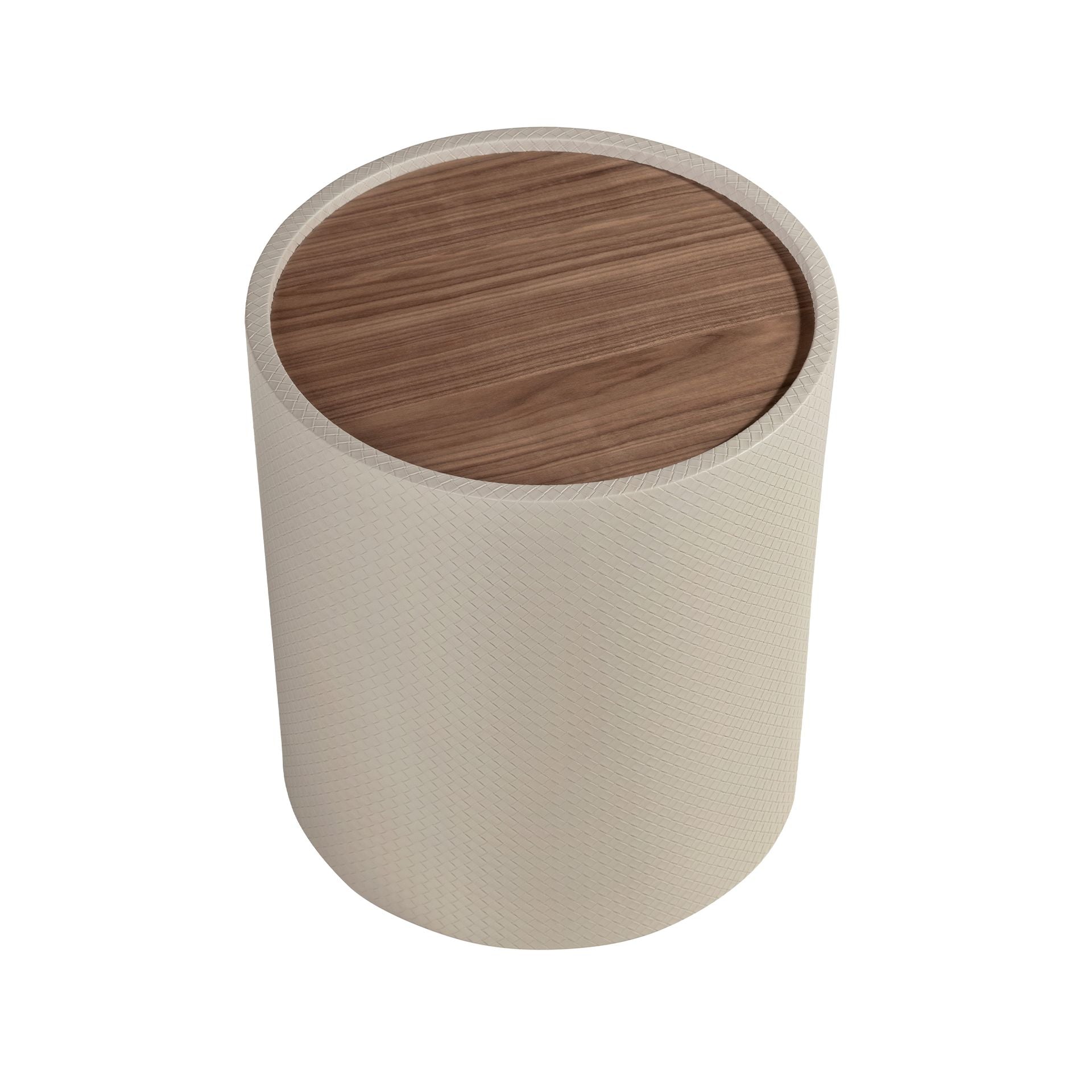 Tavolino rotondo da angolo in noce, noce e legno rivestito in similpelle color sabbia