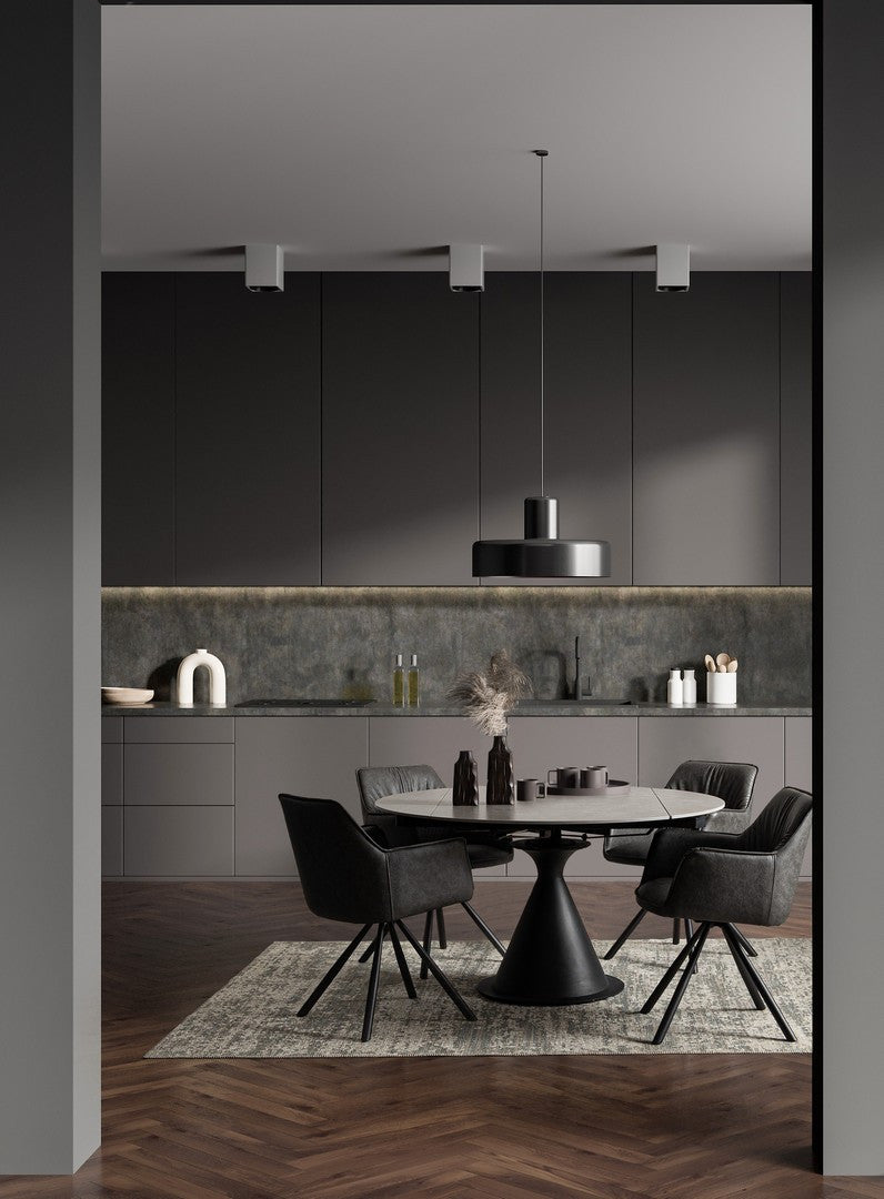 Tavolo rotondo allungabile in gres porcellanato effetto marmo 85-135 cm