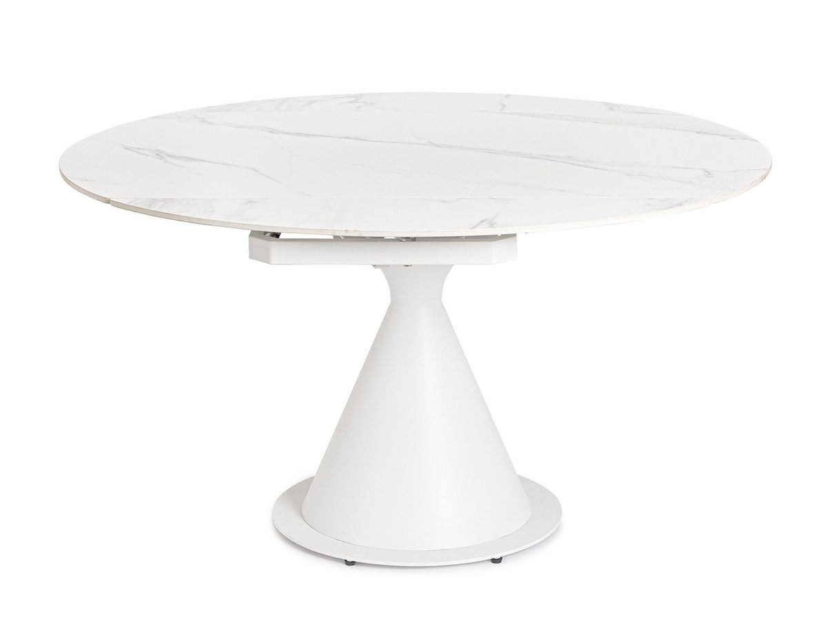 Tavolo rotondo allungabile in gres porcellanato effetto marmo 85-135 cm