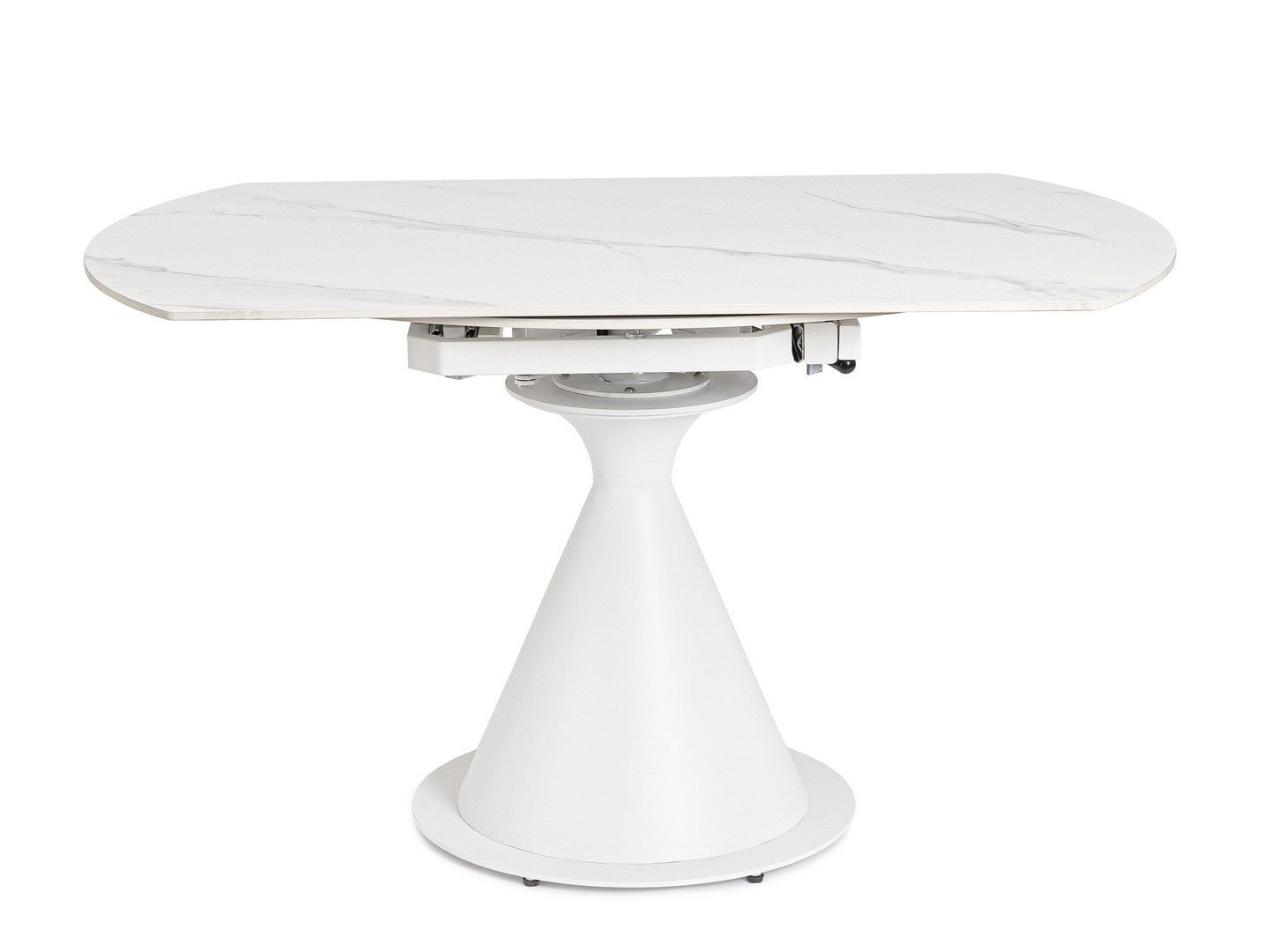 Tavolo rotondo allungabile in gres porcellanato effetto marmo 85-135 cm
