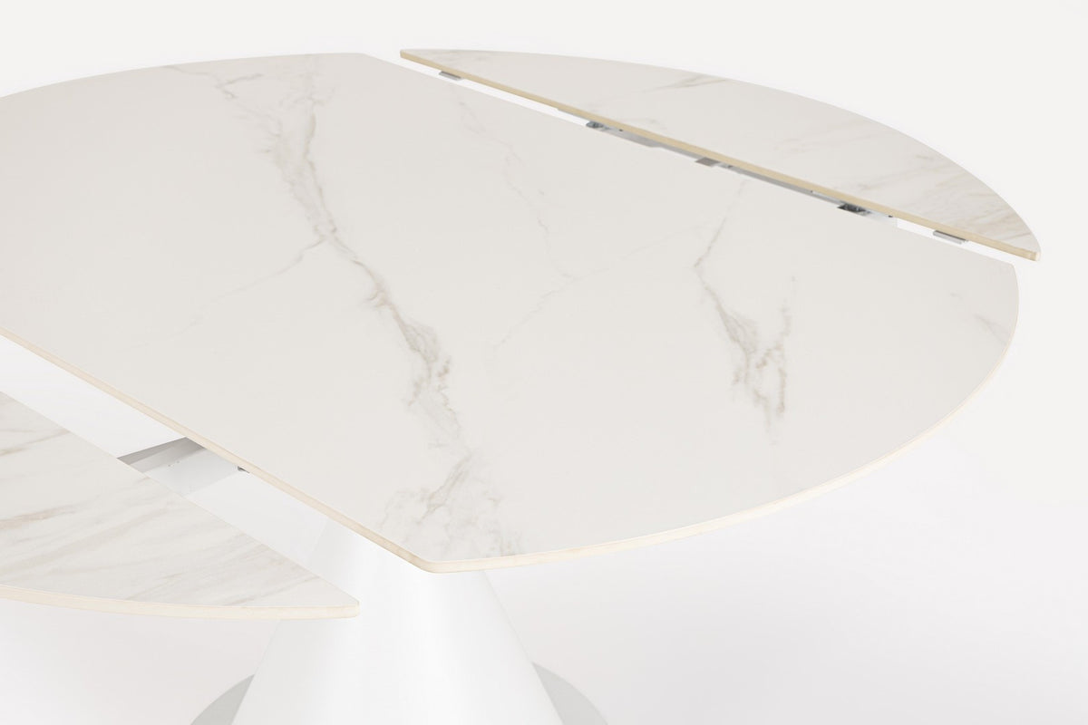 Tavolo rotondo allungabile in gres porcellanato effetto marmo 85-135 cm