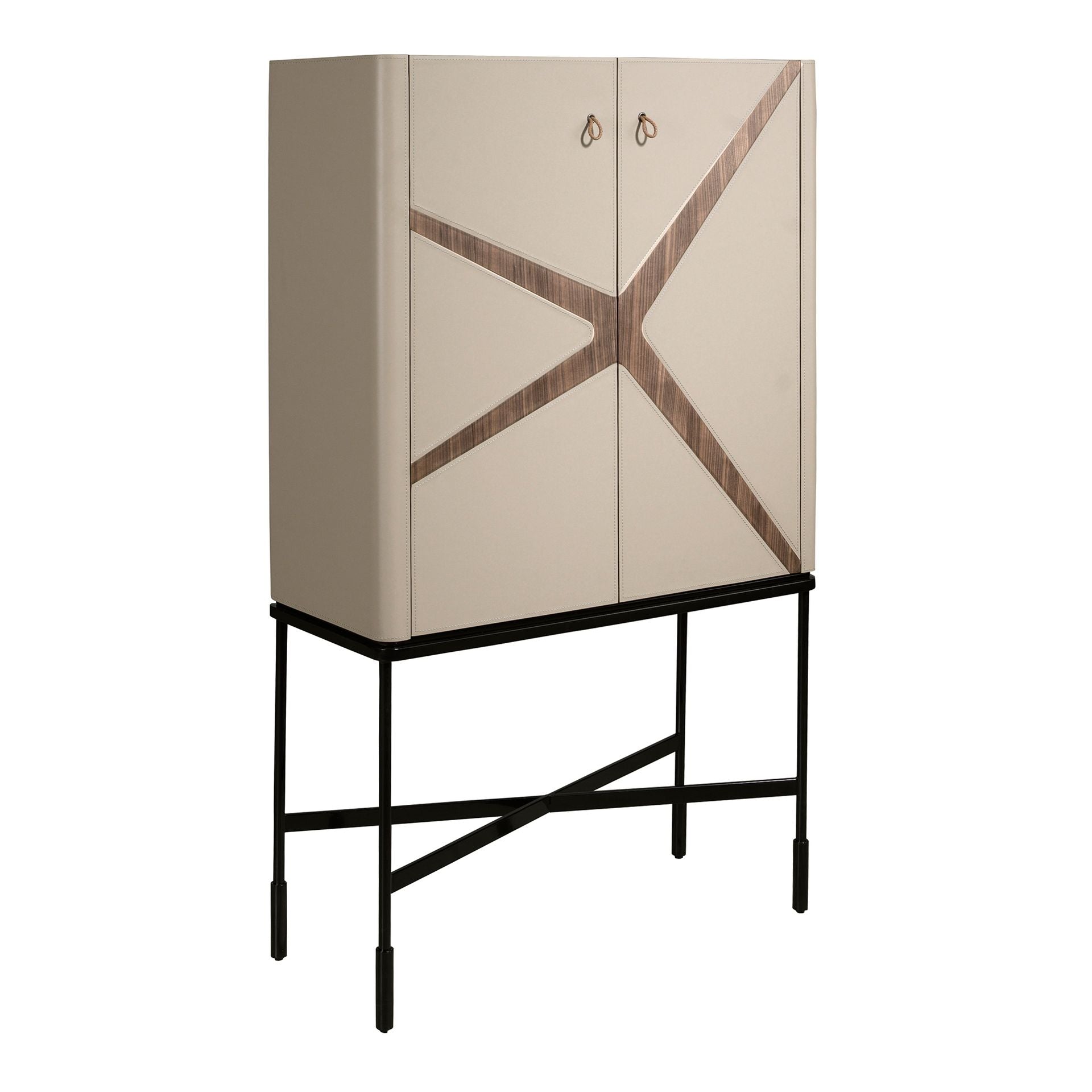 Credenza alta in similpelle, noce e acciaio nero