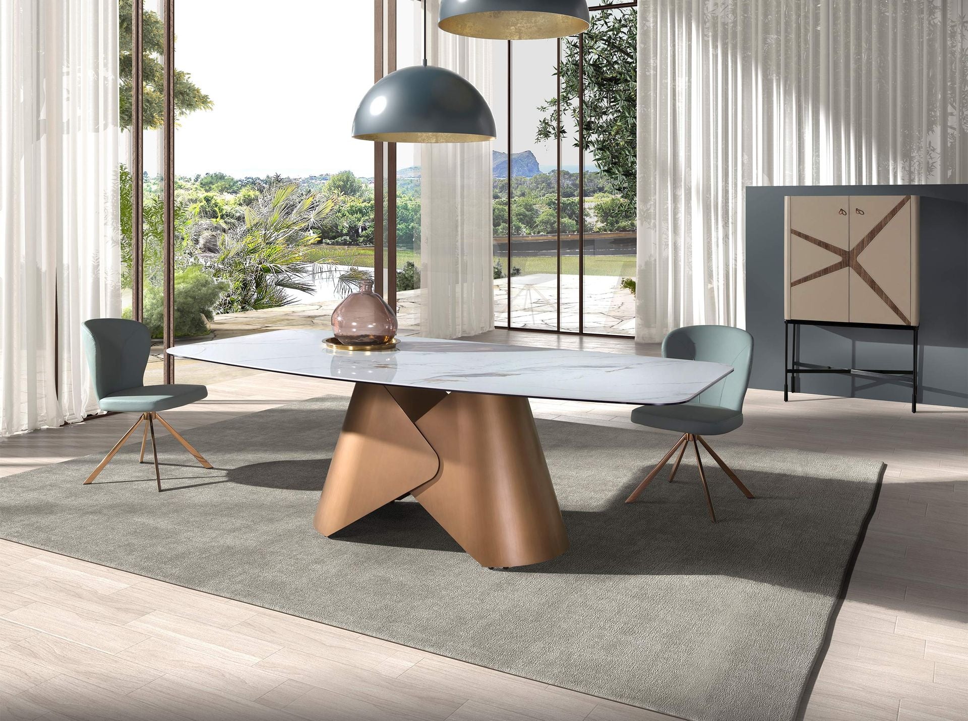 Credenza alta in similpelle, noce e acciaio nero