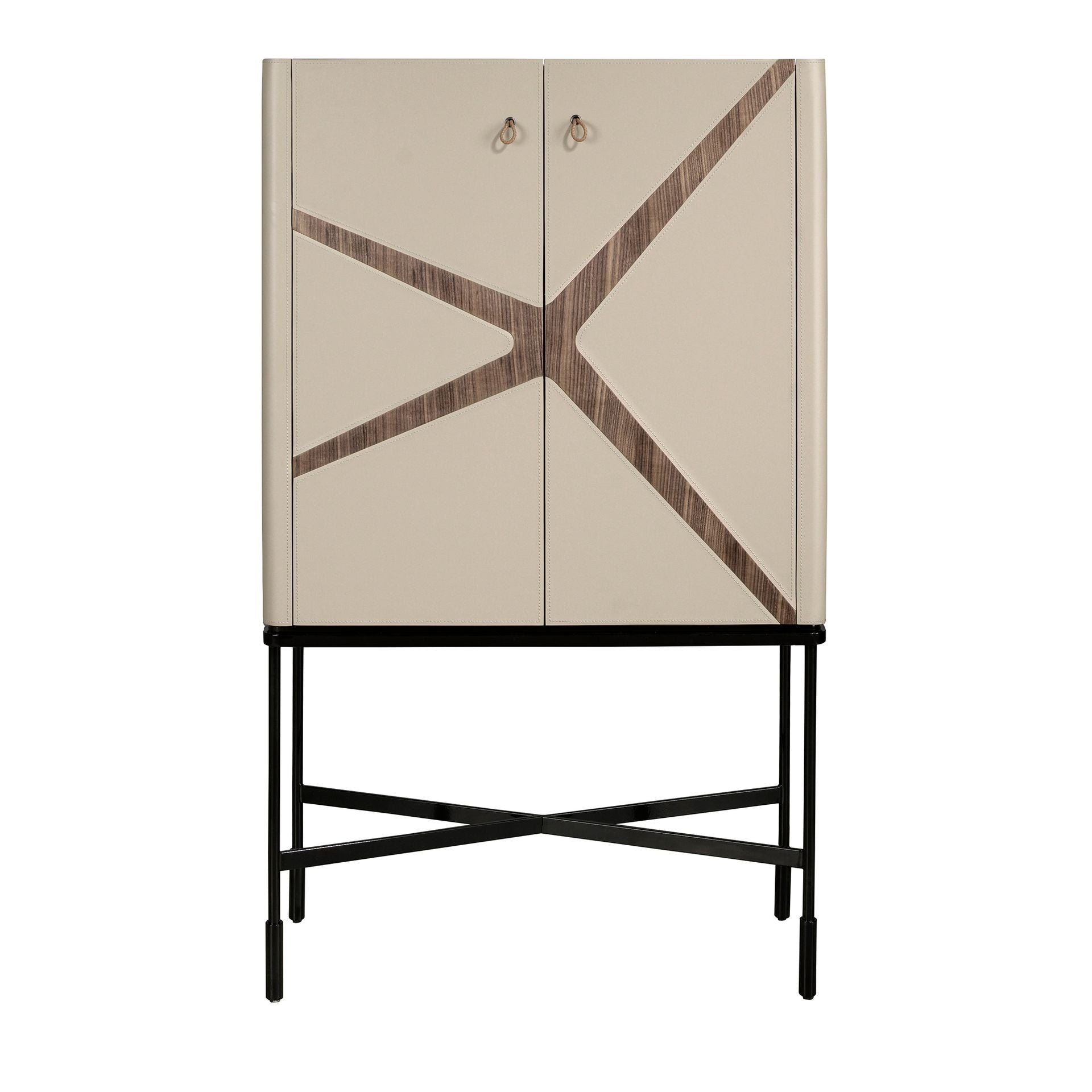 Credenza alta in similpelle, noce e acciaio nero