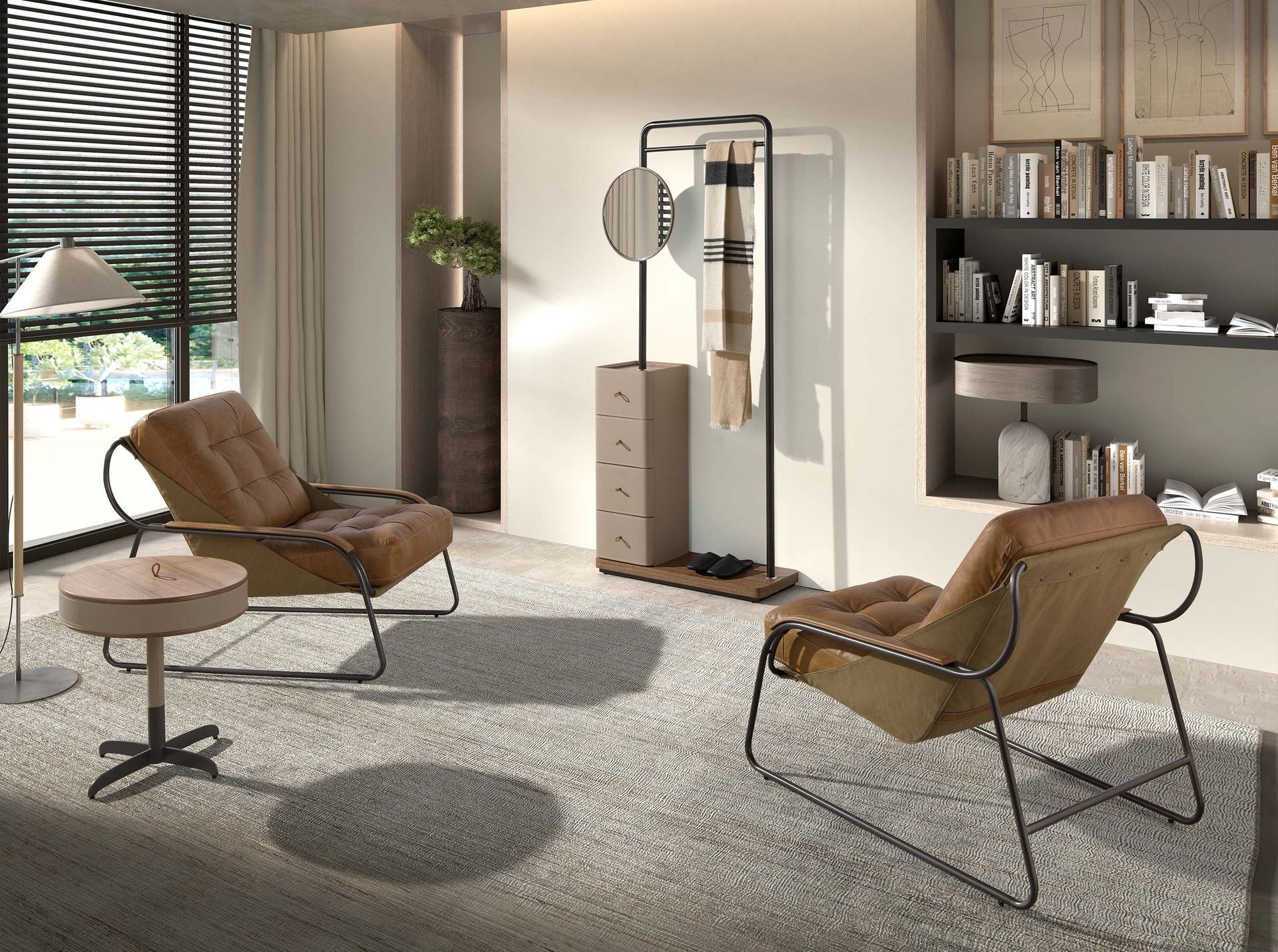 Appendiabiti in similpelle visone, noce e acciaio nero con specchio