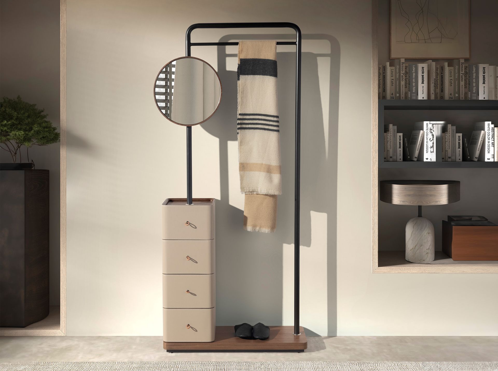 Appendiabiti in similpelle visone, noce e acciaio nero con specchio