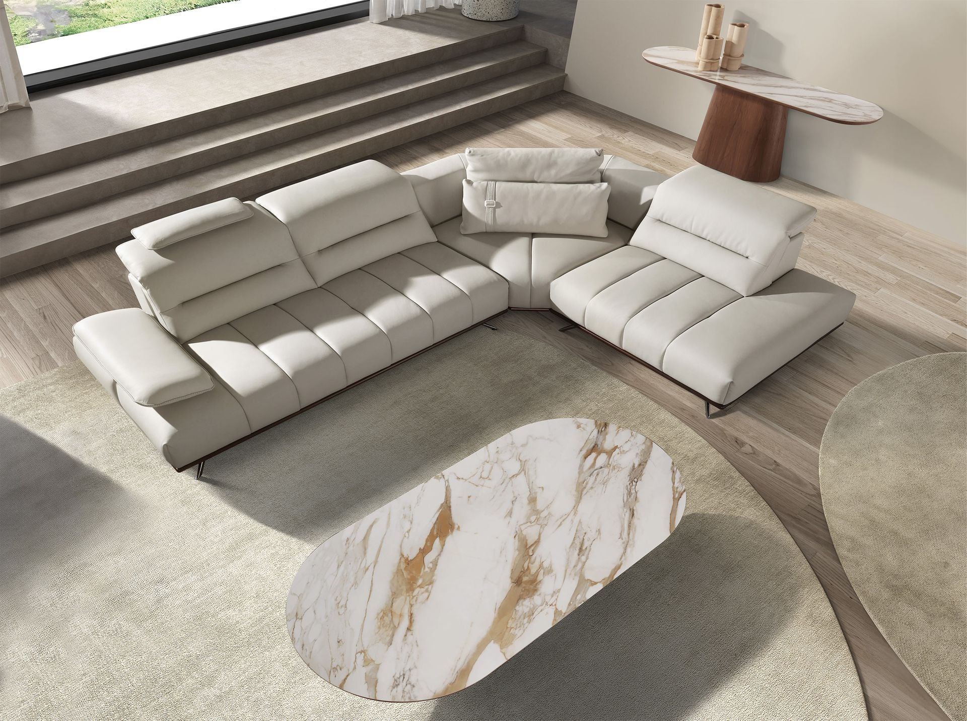 Consolle ovale semicircolare in marmo porcellanato e noce