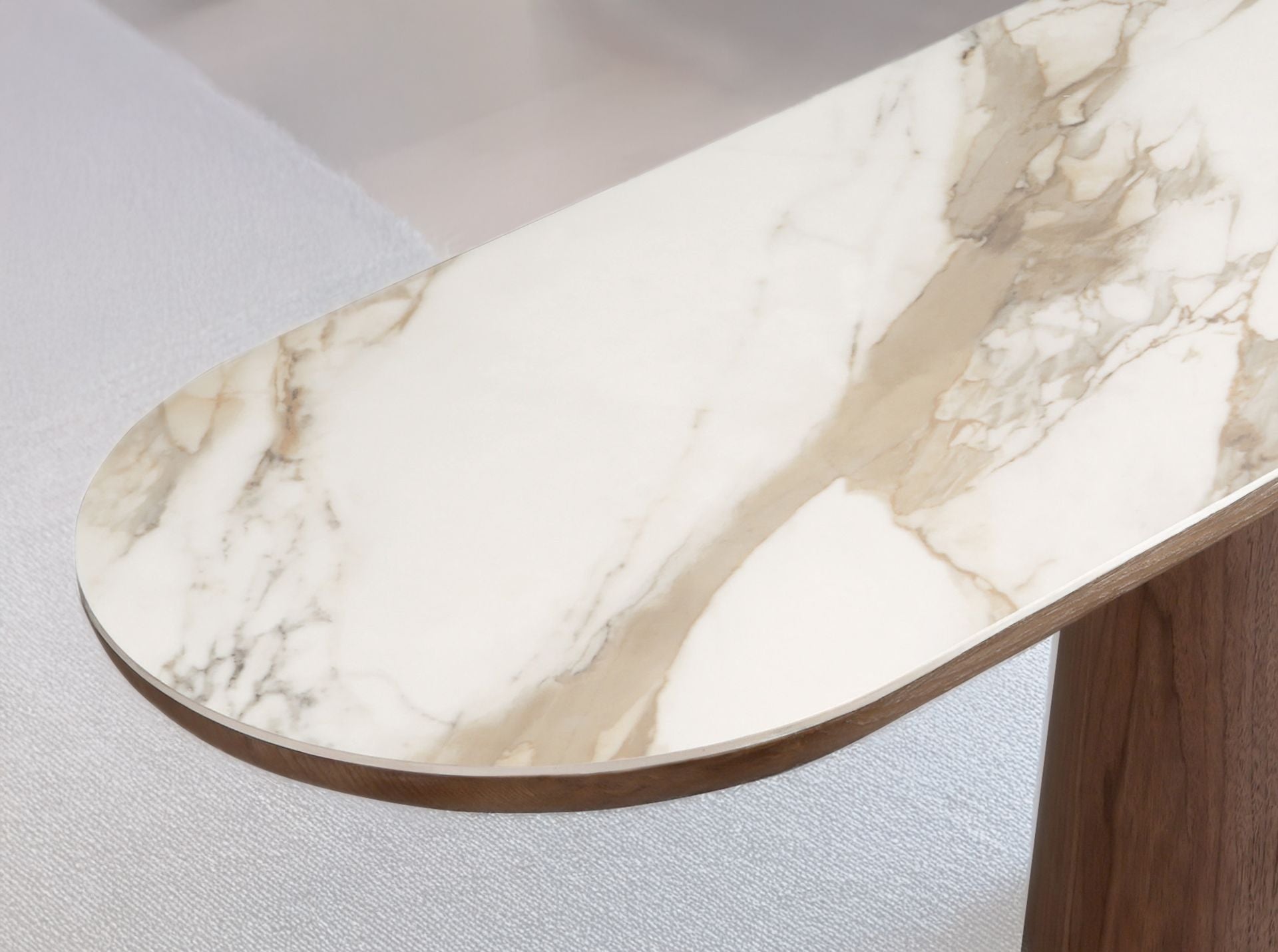 Consolle ovale semicircolare in marmo porcellanato e noce