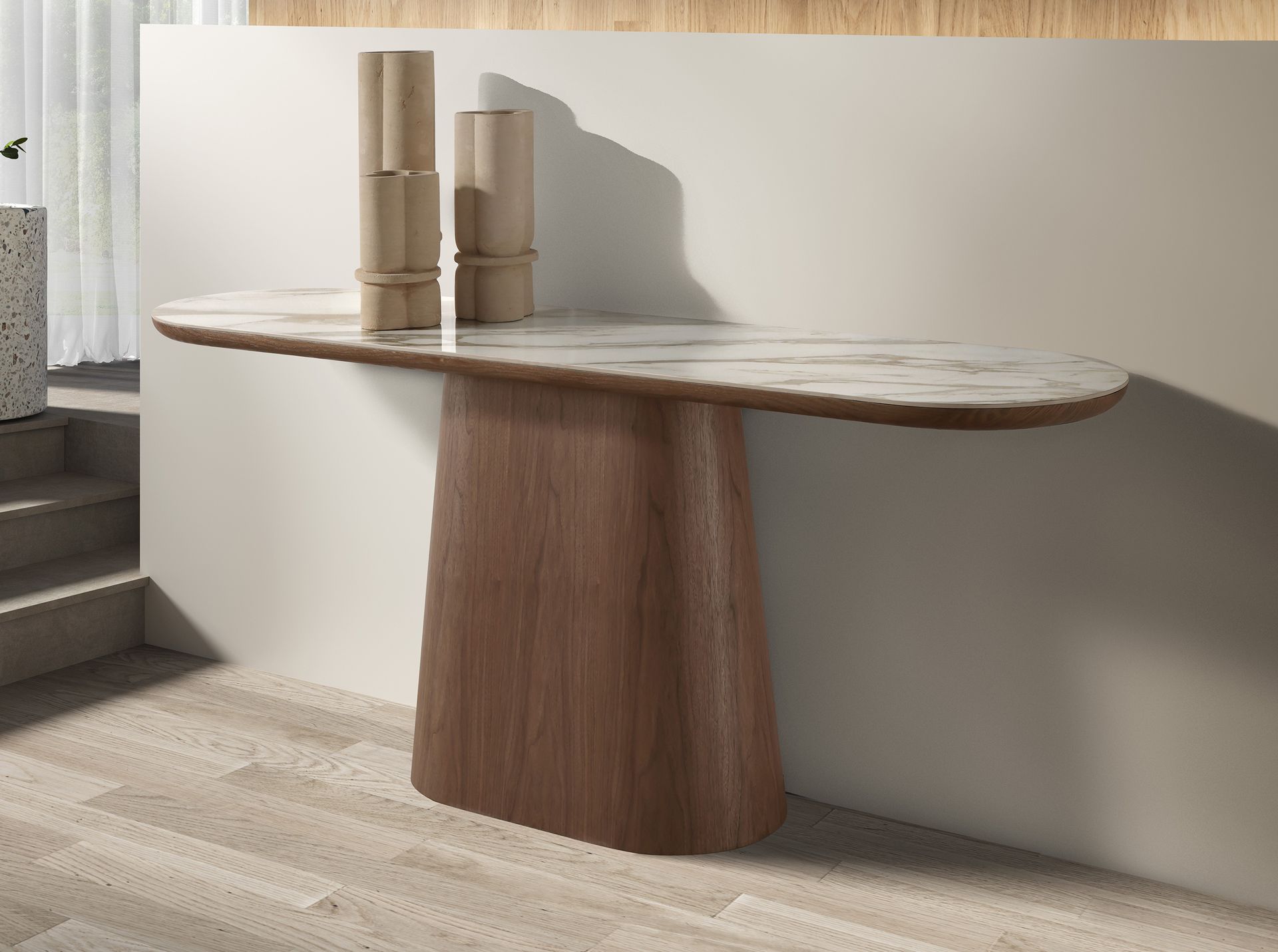 Consolle ovale semicircolare in marmo porcellanato e noce