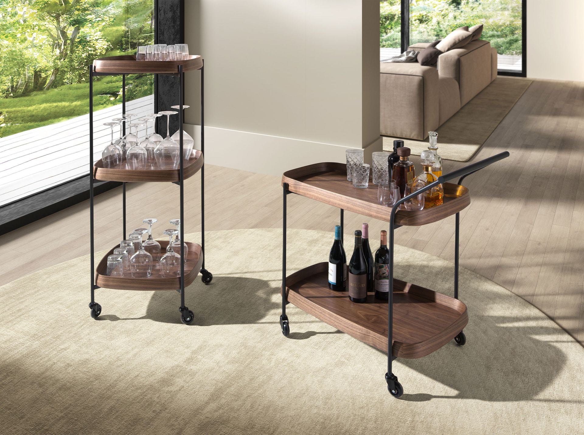 Carrello minibar in noce e acciaio nero