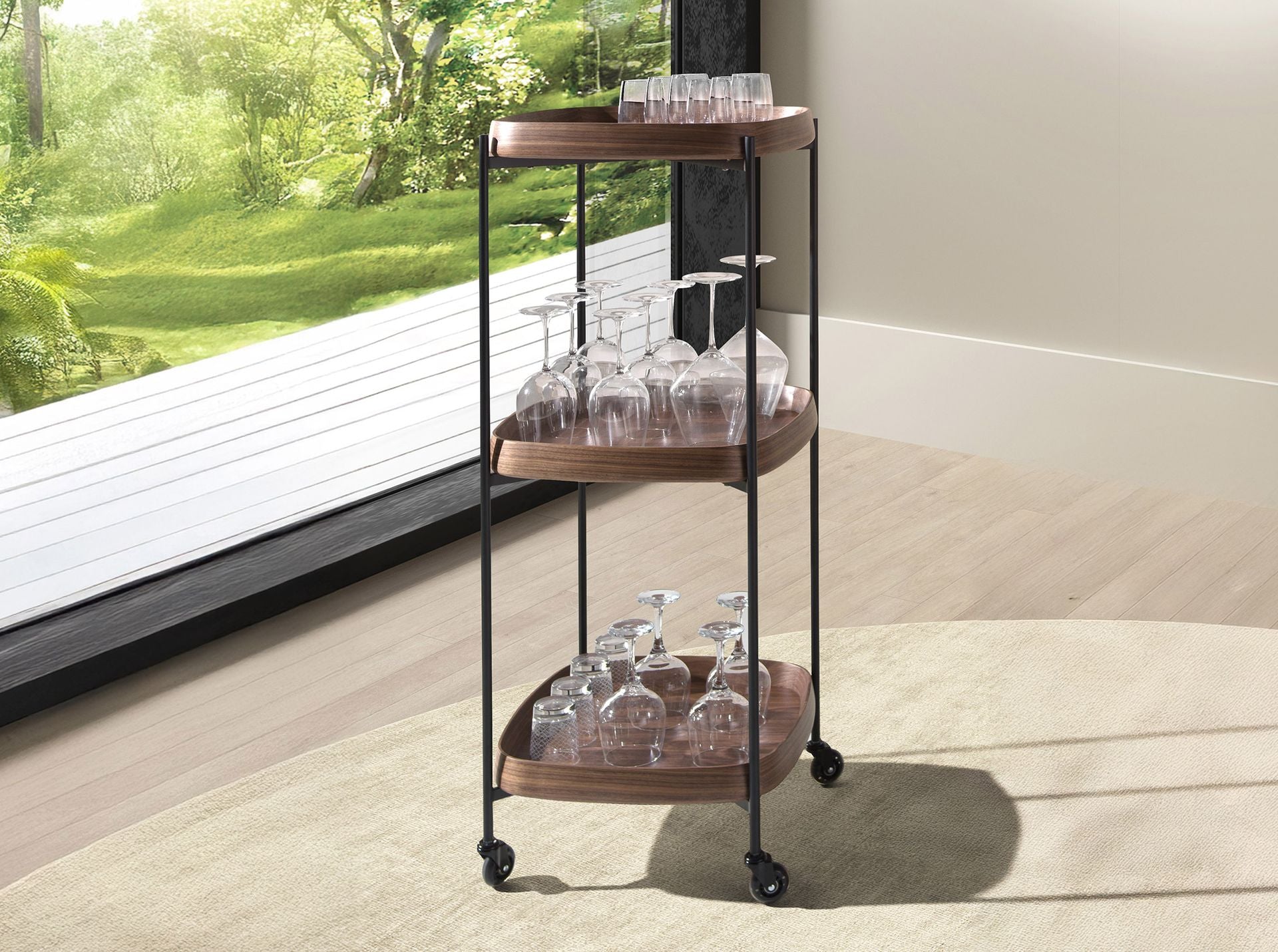 Carrello minibar in noce e acciaio nero