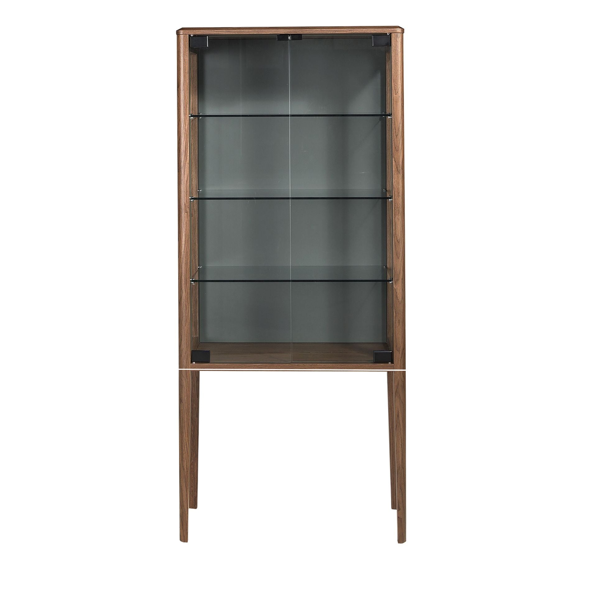 Credenza alta in vetro temperato e noce con illuminazione interna