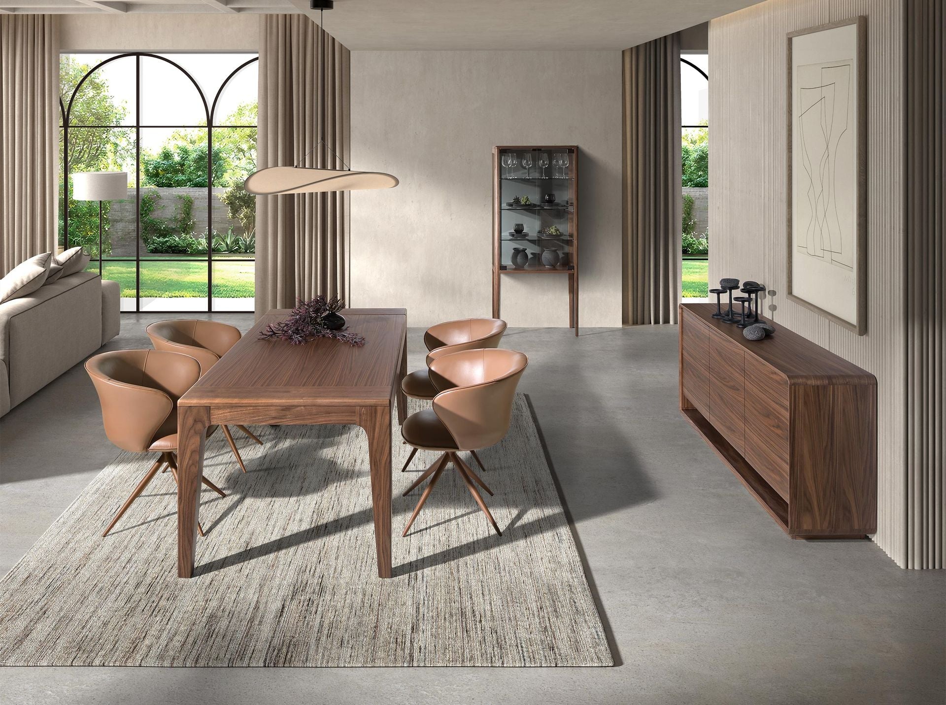 Credenza alta in vetro temperato e noce con illuminazione interna